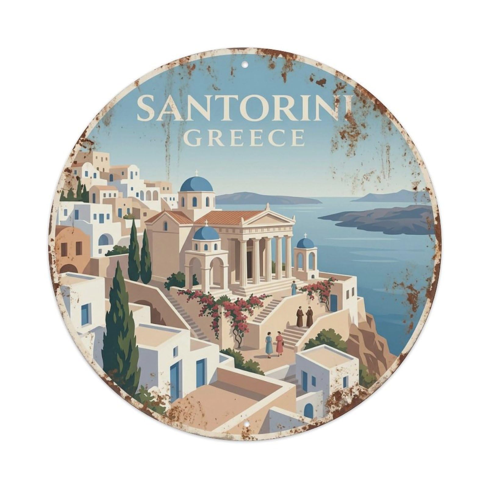 Vintage Travel Temple Santorini Hillside 1 Metal Tin Sign
