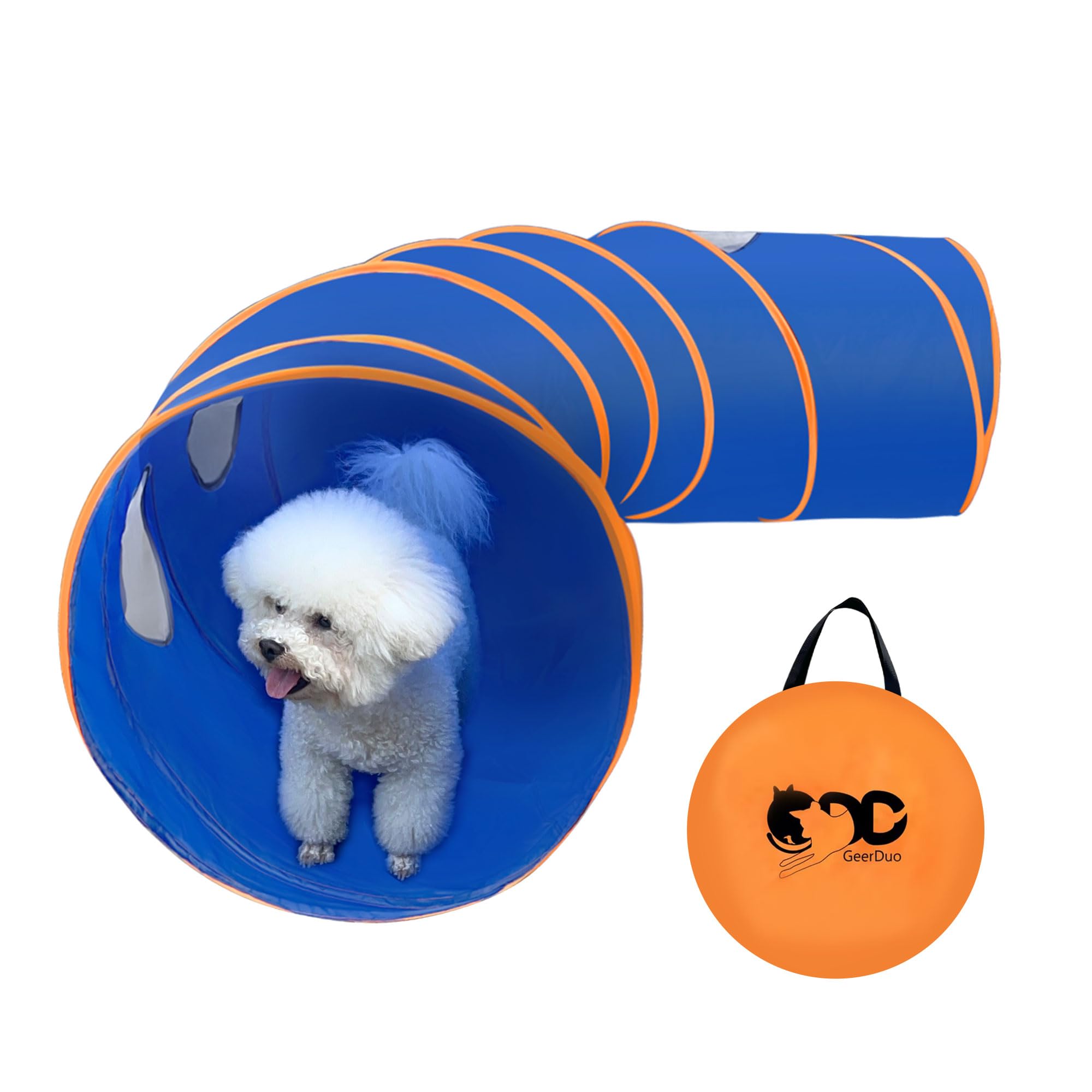 Agility-Tunnel für Hunde, 3 m, reißfester Oxford-Tuch, Trainingstunnel für alle Rassen, Innen- und Außenbereich, mit 4 Heringen und Tragetasche (Blau + Orange)
