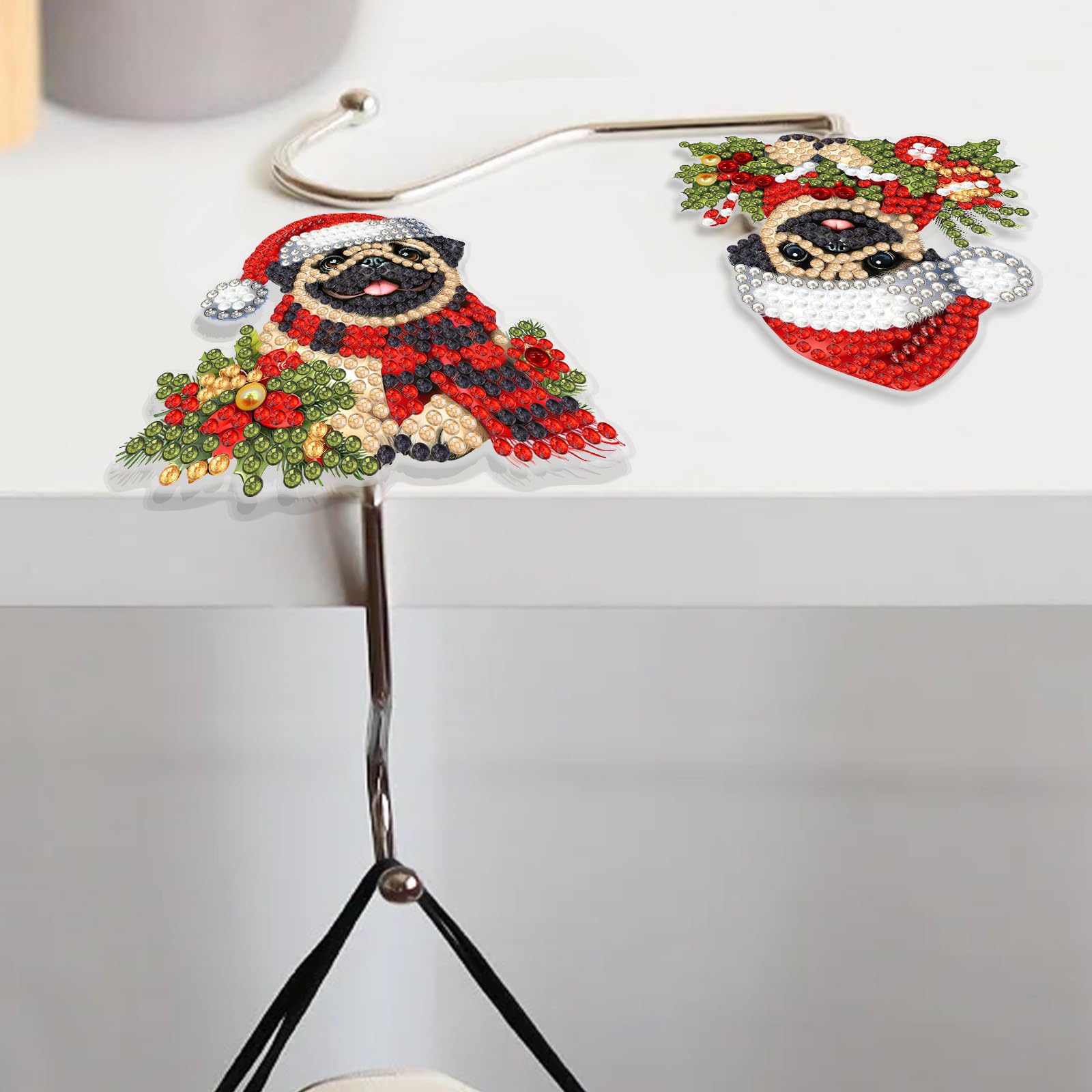 ARTopet 2Pcs Purse Hooks for Table DIY Diamond Art Painting Creative Design PET Desk Hanger Portable Handbag Hangers for Office Desktop Cabinetry-Christmas Puppy01