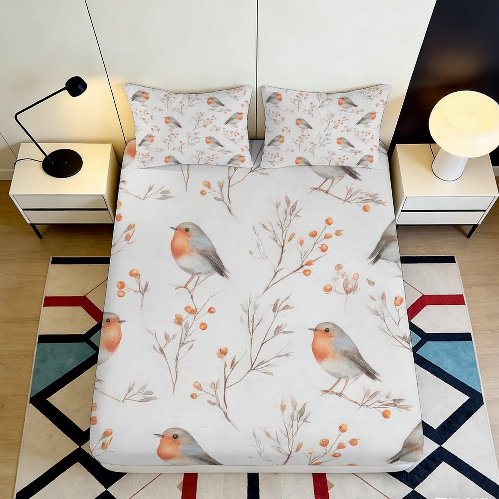 3D Printed Robin Bird Fitted Sheet Microfiber Soft Breathable Berry Branch Bed Cover for Bedroom Dormitory Guest Room Mattress Protection Decor 180x200x25cm