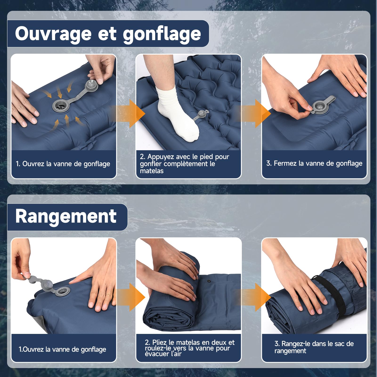 Tapis de Sol Camping 1 Place XL - Matelas Camping Ultra Léger 196x74x9 cm, TPU 40D résistant à l’Eau, Pompe à Pied, Oreiller et Housse intégrés - Idéal randonnée, Tente, Plage, Voyage (Bleu)