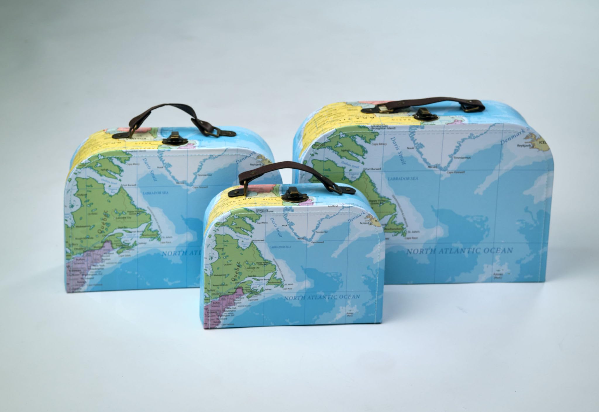 wald imports - Set di 3 valigie in cartone - Scatole portaoggetti decorative - Set di valigie per decorazione, archiviazione e altro (mappa blu)