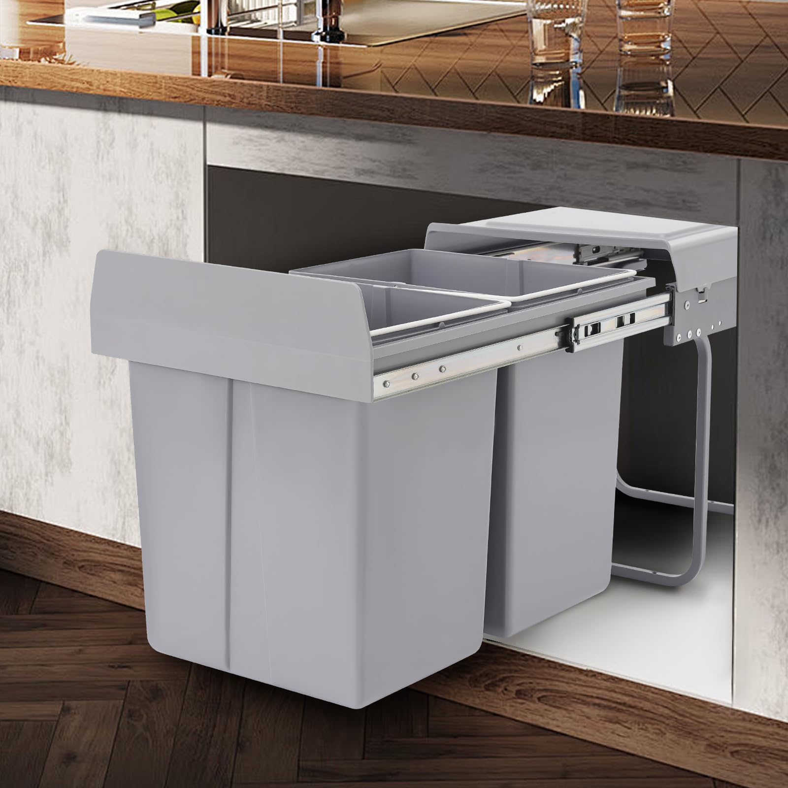 Cubo de basura para cocina, 2 compartimentos (2 x 20 L), extraíble, cubo de basura bajo el fregadero, sistema de separación de residuos para residuos y reciclaje, color gris (con hoja de