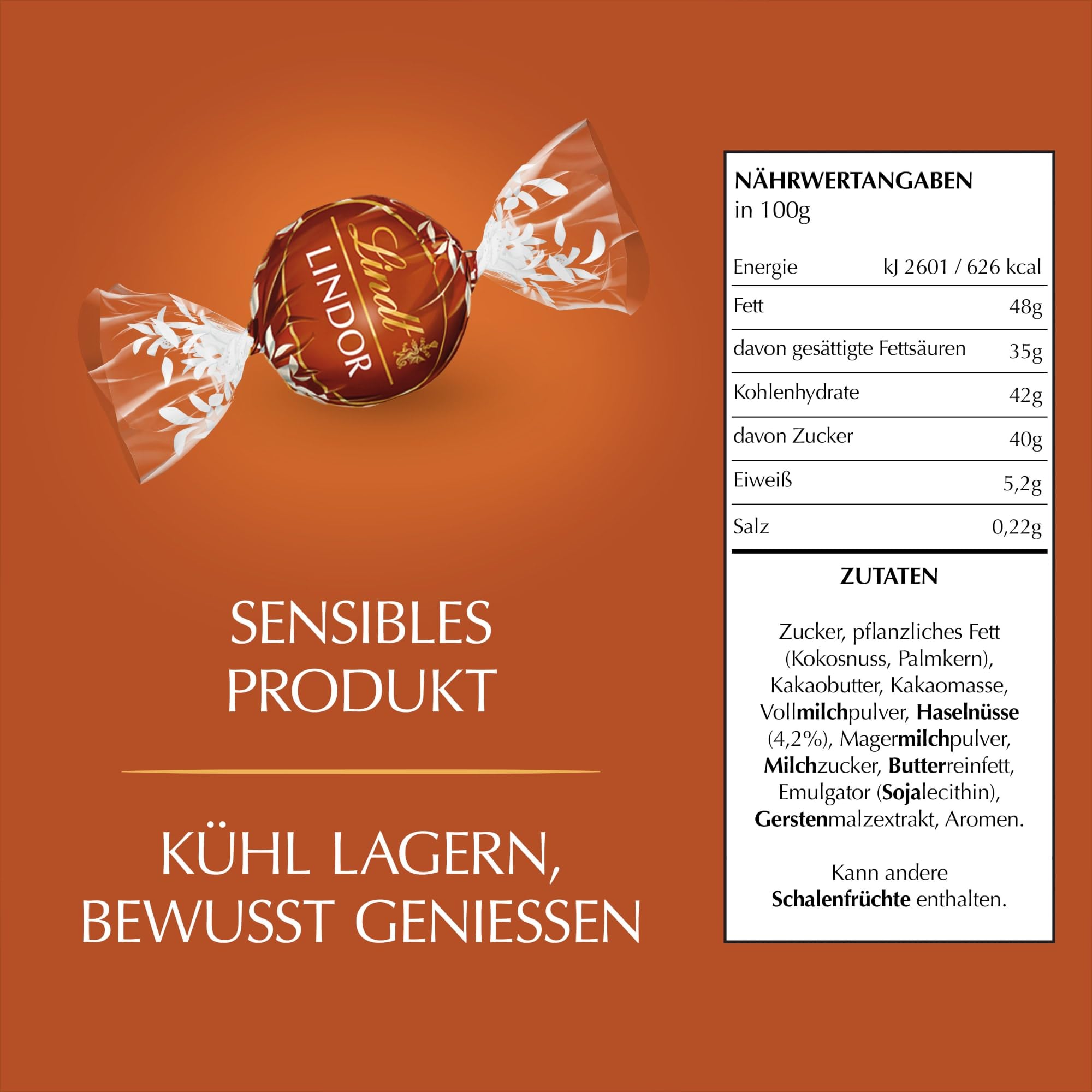 Lindt LINDOR, Haselnuss-Milch Schokolade Kugel Beutel, 1 kg Beutel wiederverschließbar, ca. 80 Kugeln, Großpackung, Pralinen-Geschenk, Schokoladengeschenk