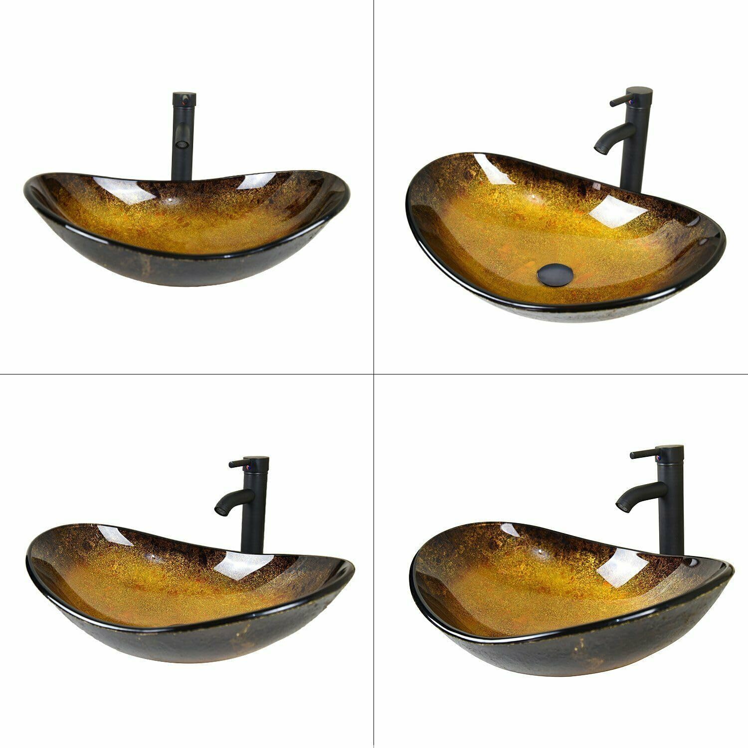 ZealWe Waschbecken Aufsatzwaschbecken Glas, Waschbecken Aufsatz Waschschale Oval für Badezimmer, Handwaschbecken Gäste WC 53 × 35 × 15 cm Waschtisch Waschplatz, Schwarz Gold