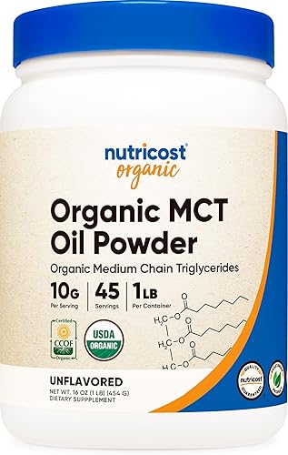 Nutricost Aceite orgánico MCT en polvo de 1 libra, certificado orgánico USDA, ideal para dietas cetogénicas, cetosis y cetogénicas, cero