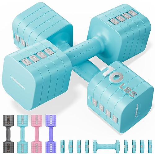 FEIERDUN 5-in-1 Adjustable Dumbbell Set of 2, 12LBS/20LBS Hand Weights for Women, 1s-Adjust Dual-Stable Dumbbell Set for Women Home Gym & Outdoor - 10LBS Pair (20LBS Total) - C-Mint Blue