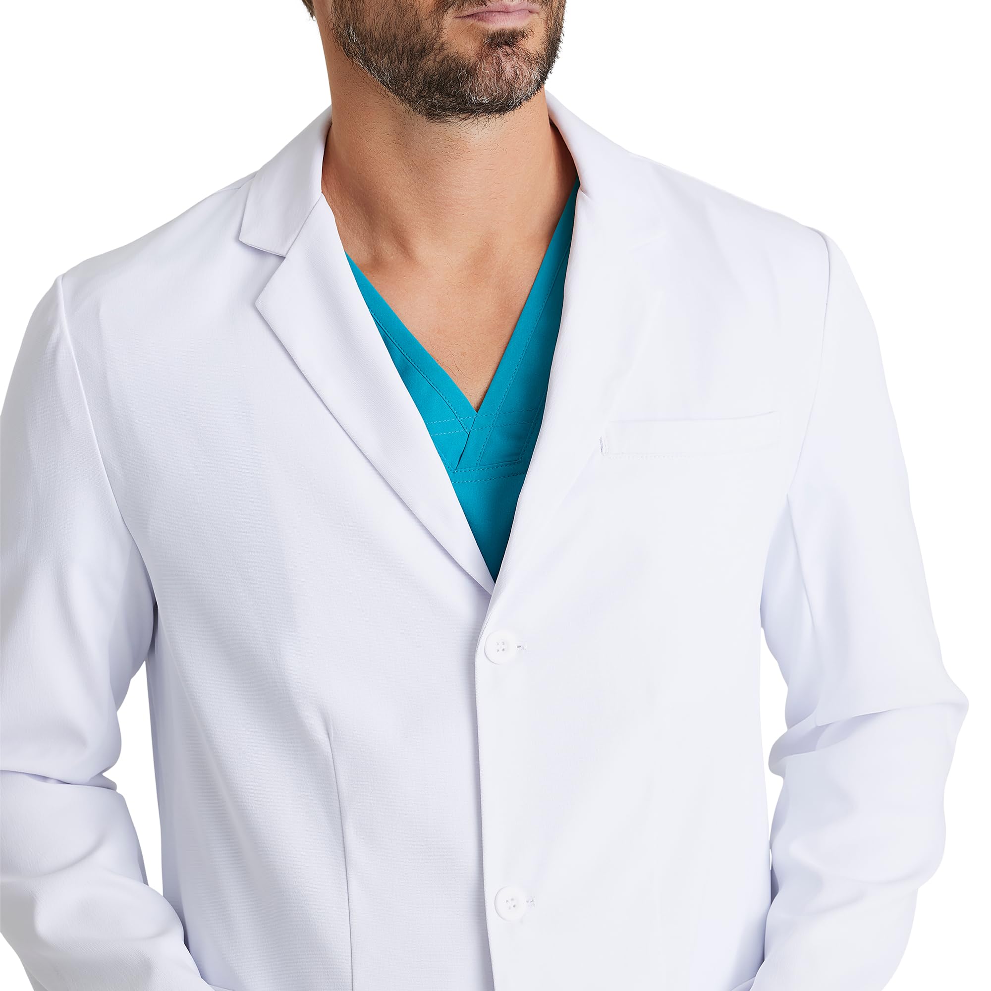 BARCO Verse - Abrigo de laboratorio para hombre, profesional, 3 bolsillos, cierre de 3 botones, manga larga, 96,5 cm