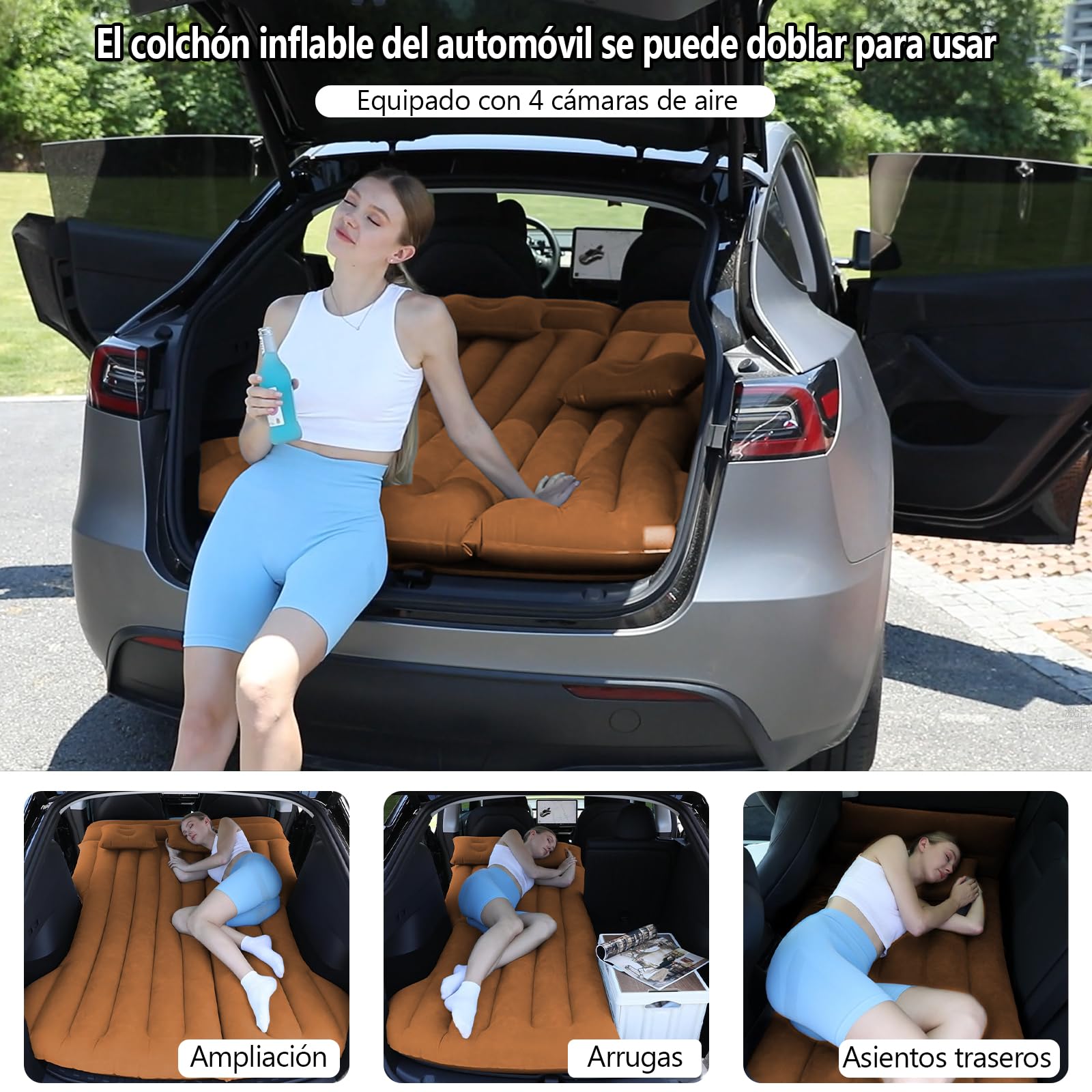 Colchón de Coche Inflable con Bomba de Aire y Almohada, Cama Portátil para Viajes y Camping, Grueso y Duradero (marrón)