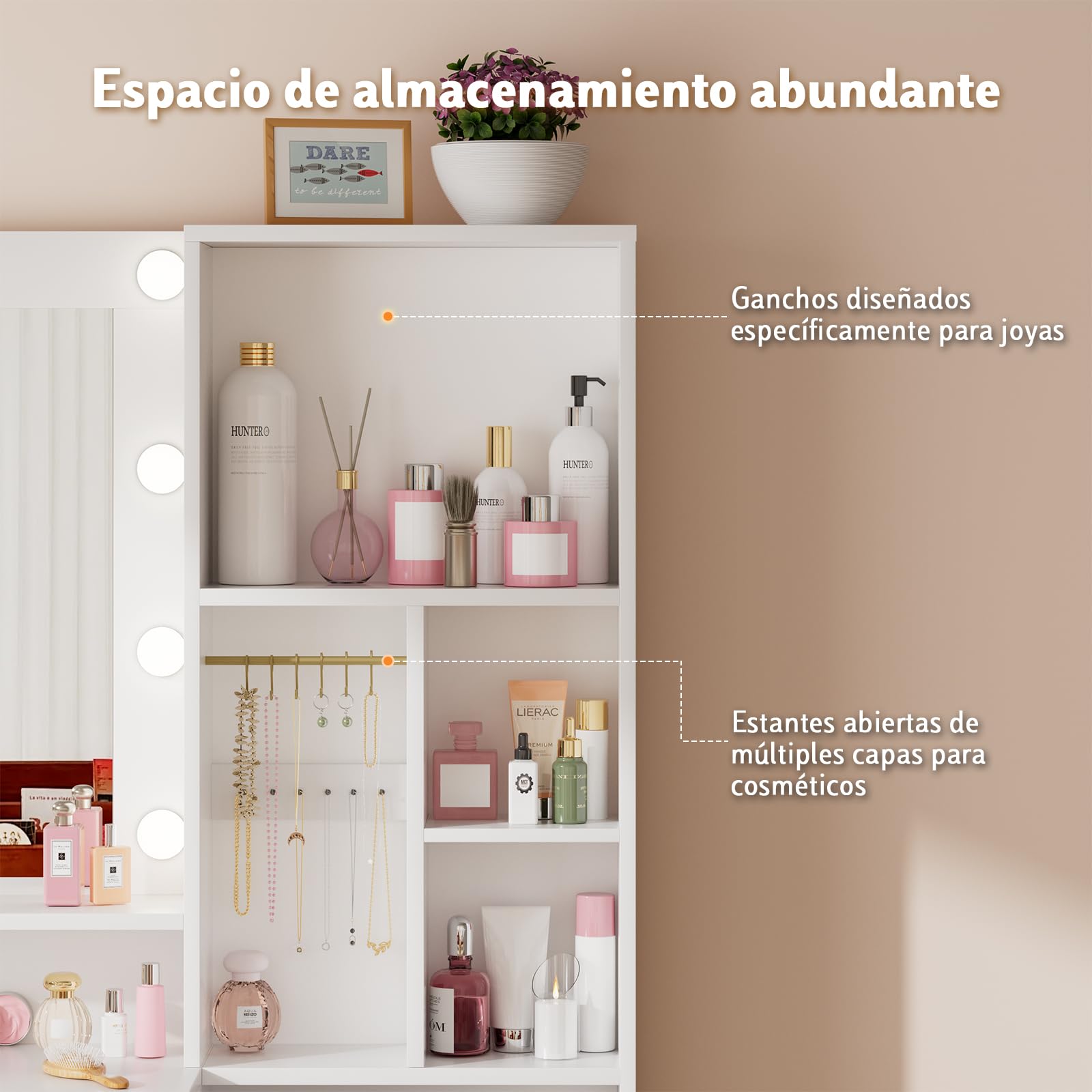 Airfish Tocador de Maquillaje con Espejo y Luz LED, Mesa de Maquillaje Grande con Enchufes, 12 Ganchos para Joyas y 5 Cajones, Tocador con Estantes Abiertos para Dormitorio, Moderno (Blanco)