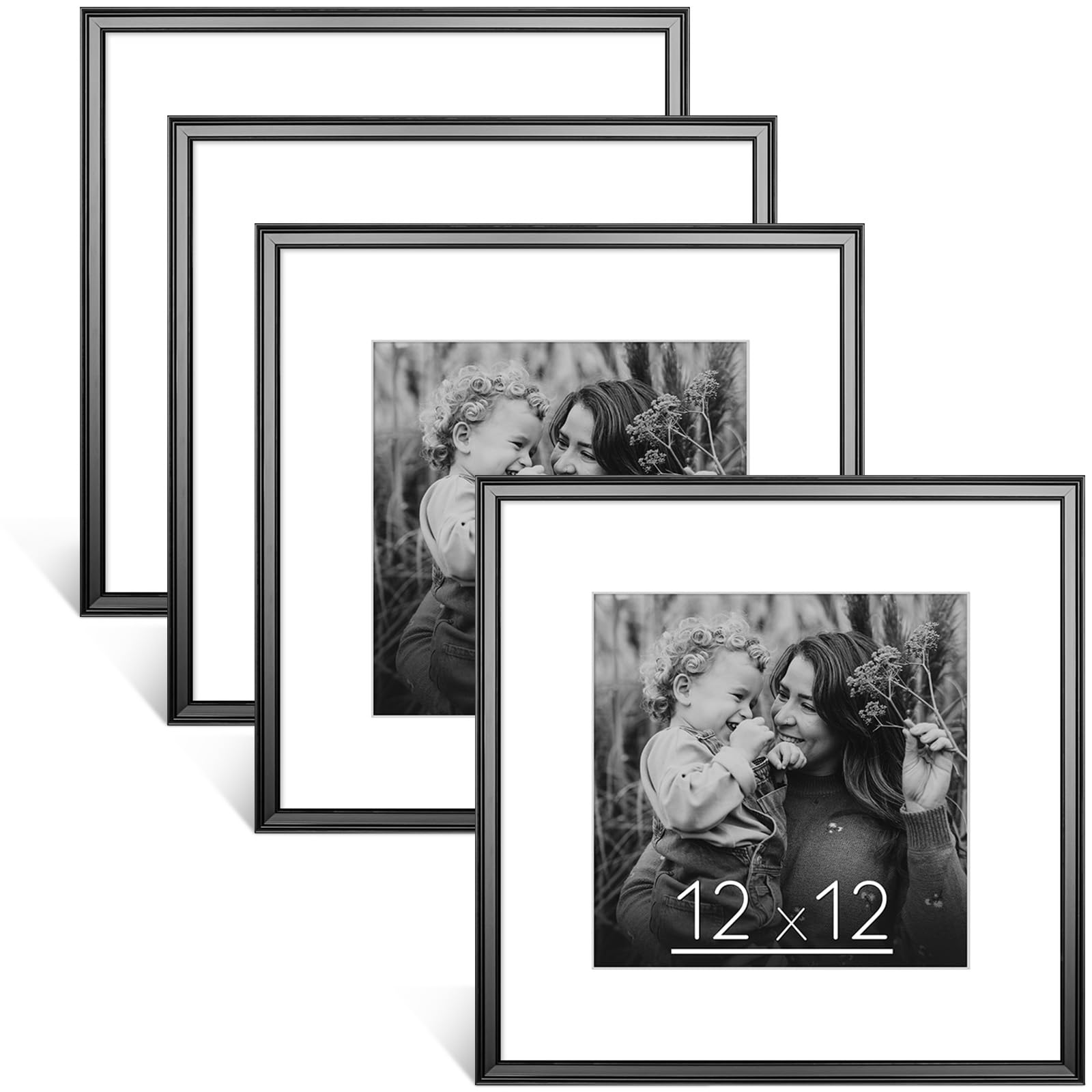 Photo 1 of Anozie 12x12 Picture Frame Black, Display Pictures 8x8 with Mat or 12x12 Without Mat, 12x12 Frame Square with HD Plexiglass for Wall or Desktop Decoration Suitable for Photos, Posters, 4 Pack 12x12-4P Black
