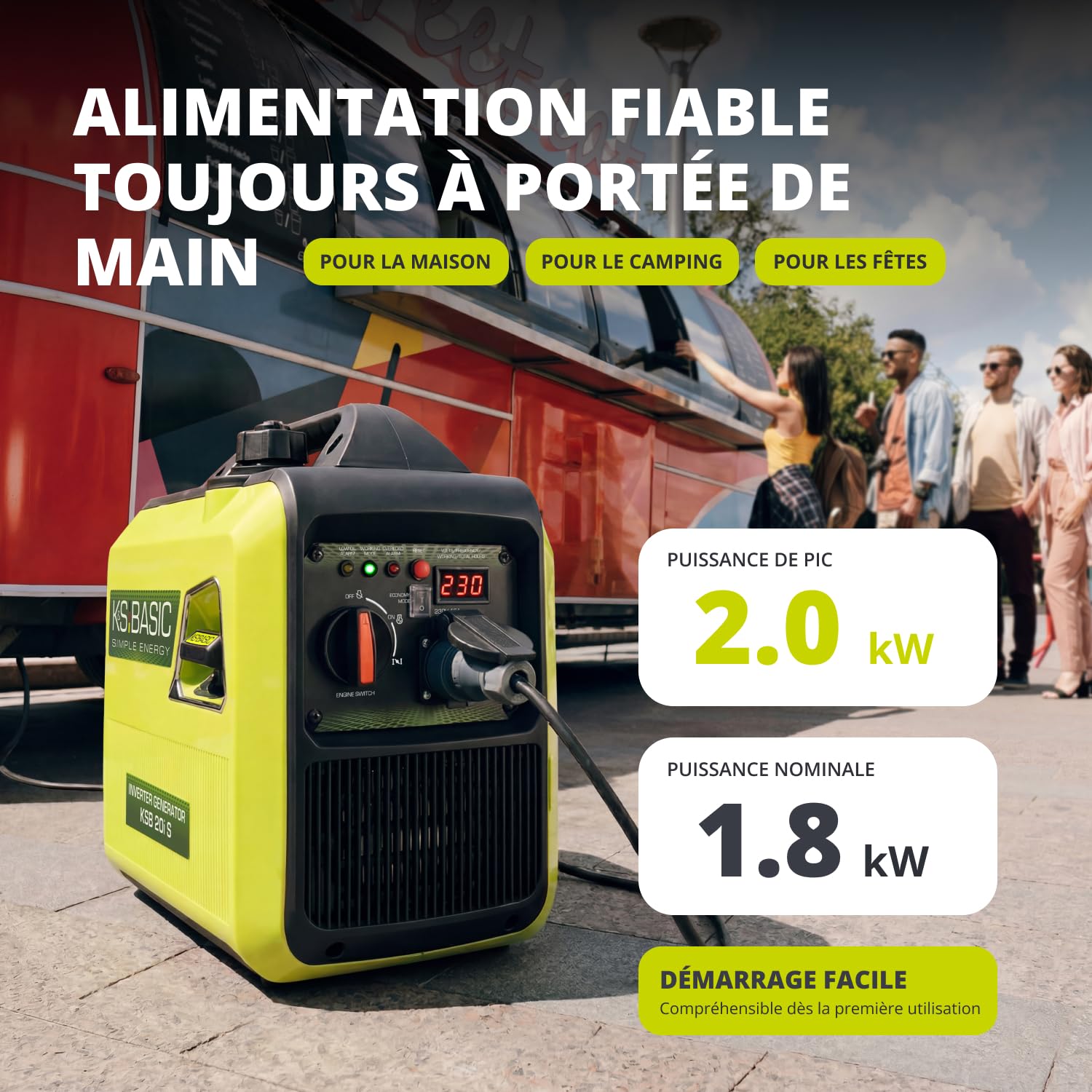 K&S BASIC Générateur inverter 20i S 2000 W, générateur de secours à essence 230 V - Onde sinusoïdale pure, générateur de courant avec mode éco, affichage LED, puissance nominale de 1,8 kW, portable