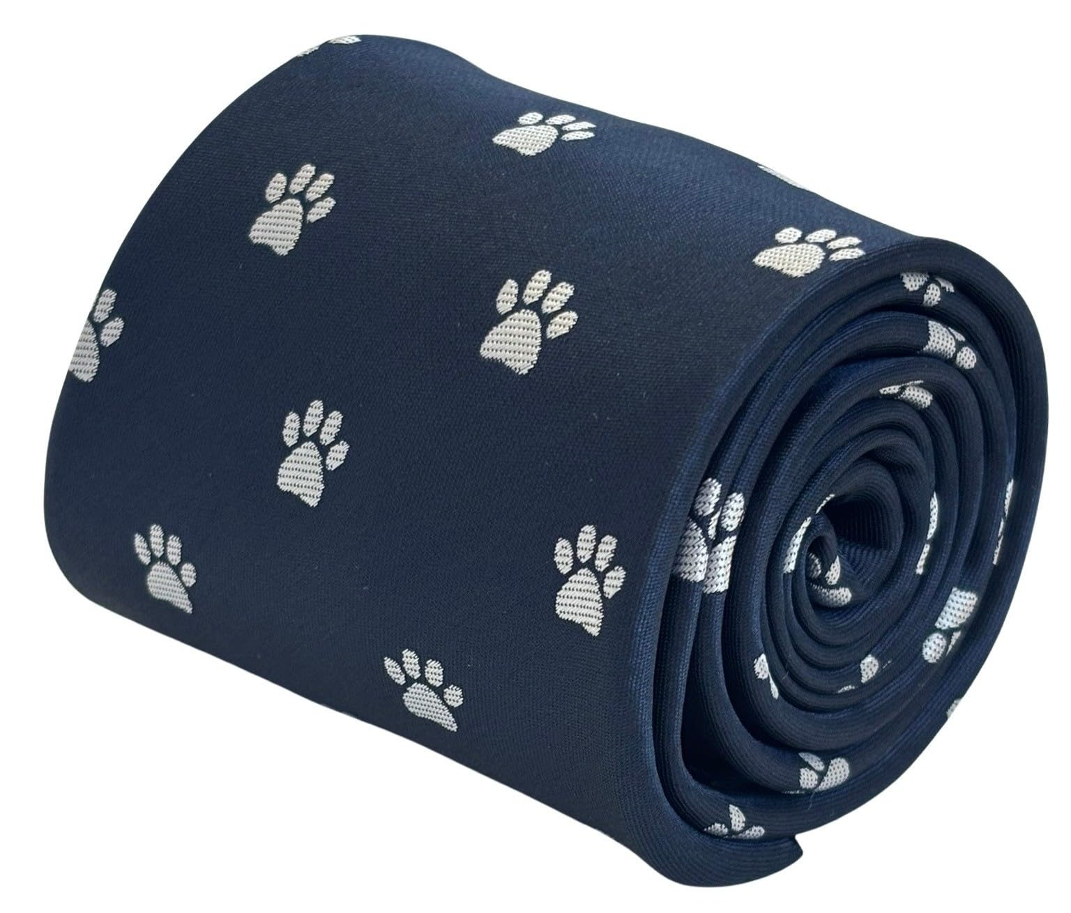 Frederick Thomas Navy Dark Blue With Light Blue And White Stripes Navy Dark Blue Necktie With Pawprint Pattern, 8Cm Width, Woven Embroidered Fabric, 145Cm Length, Formal Style, Made In Uk