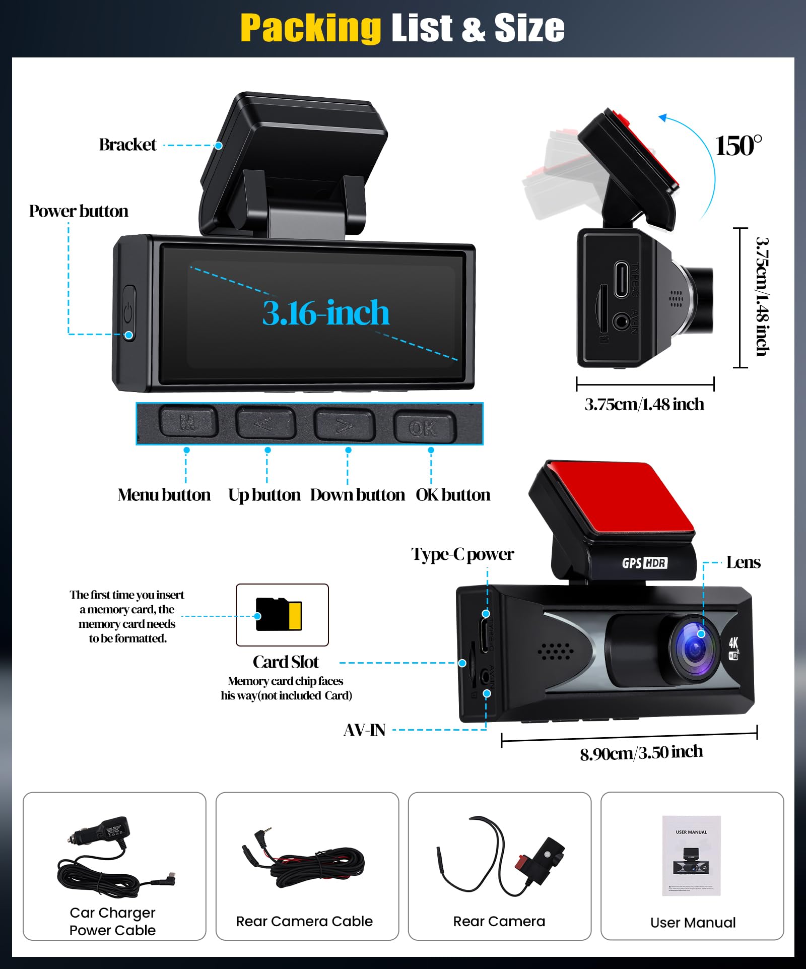 4K + 2,5K Cámara para Coches, Delantera y Trasera, Pantalla IPS de 3,16 Pulgadas, WiFi y GPS de 5 GHz Integrados, ADAS, Sensor G, Visión Nocturna Superior, Grabación en Bucle