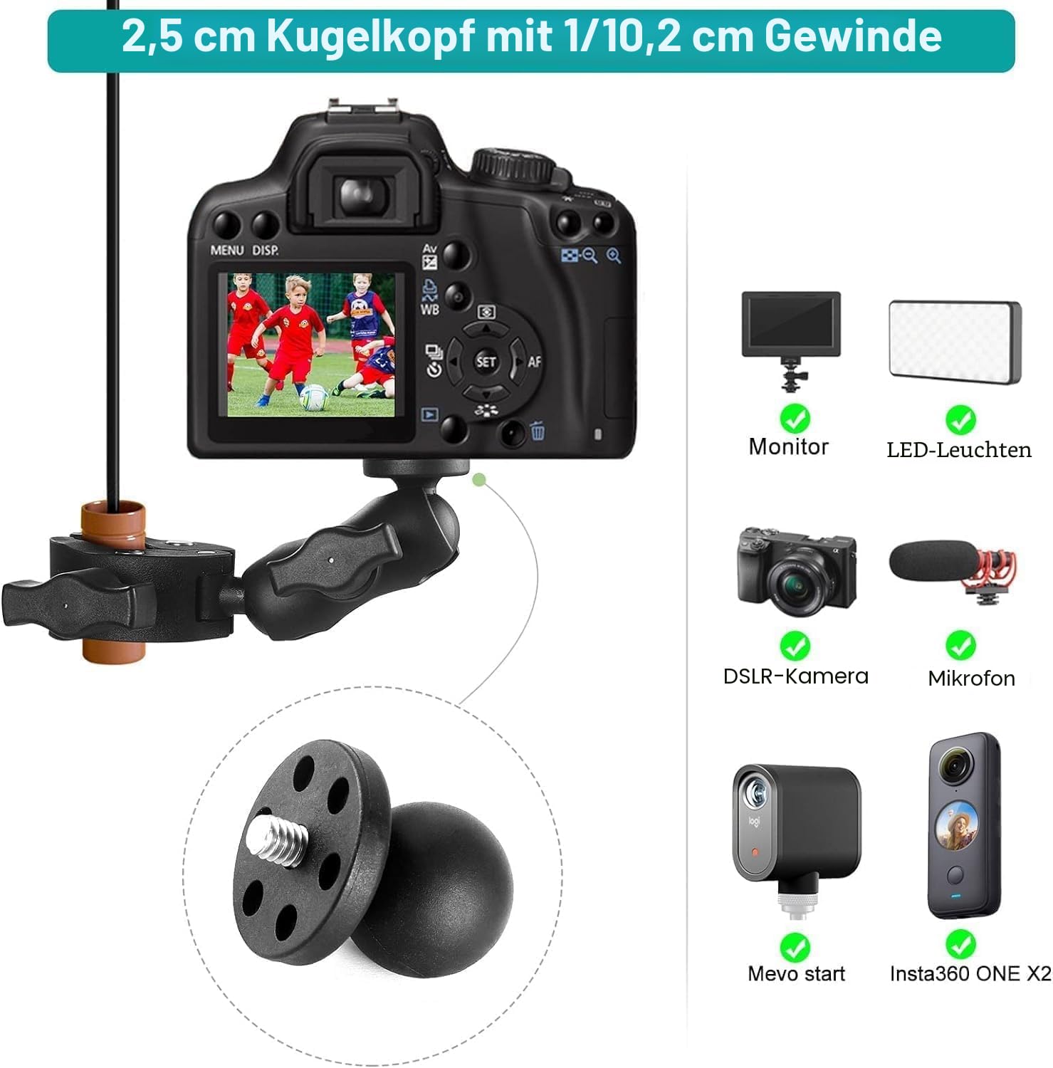 UNSTINCER Fahrrad Motorrad Lenker Kamera Klemme Halterung für Gopro Insta360 X5 DJI Akaso, Doppelklemme Magic Arm Selfie Stick Halter, Doppelte Super Clamp mit 1/4"-20 Gewinde und Action Cam Mount