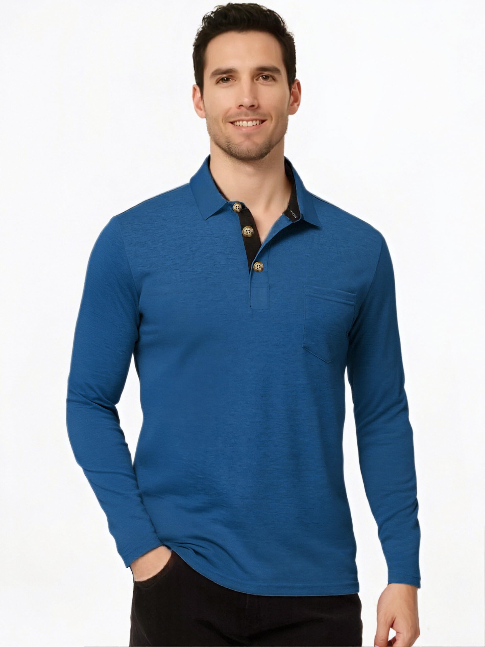 GOFERIKUVA Men's Long Sleeve Polo Shirts Moisture Wicking Mens Long Sleeve Polo Shirts Quick Dry Golf Polo for Men Blue M