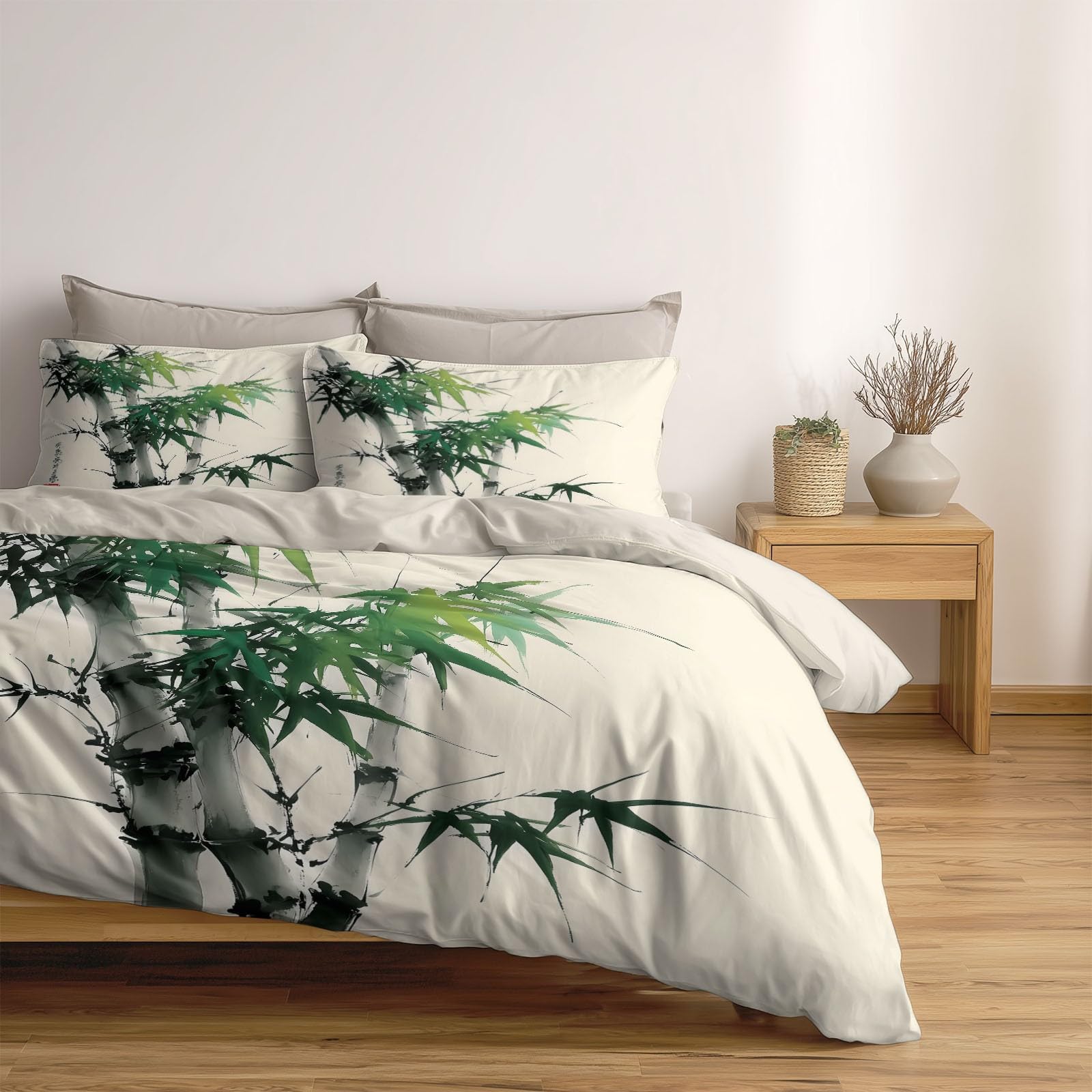 Generisch Traditionelles Design Grüne Bambusblätter Schlichtes 3-teiliges Bettwäsche-Set, 1 Bettbezug 180 x 200 cm und 2 Kissenbezüge 80 x 80 cm,aus bügelfreier Mikrofaser Beige
