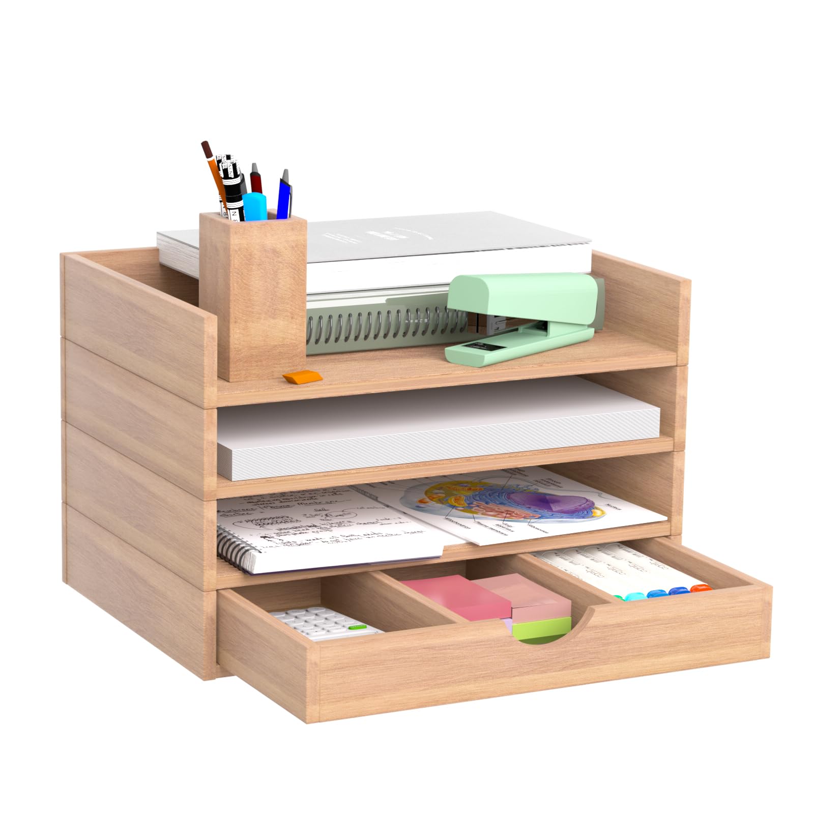 HeyiQiL Paper letter tray, Stackable 4-Tier Wood Desk File Document Organizer with Drawer and Pen Holder For Home Office Classroom