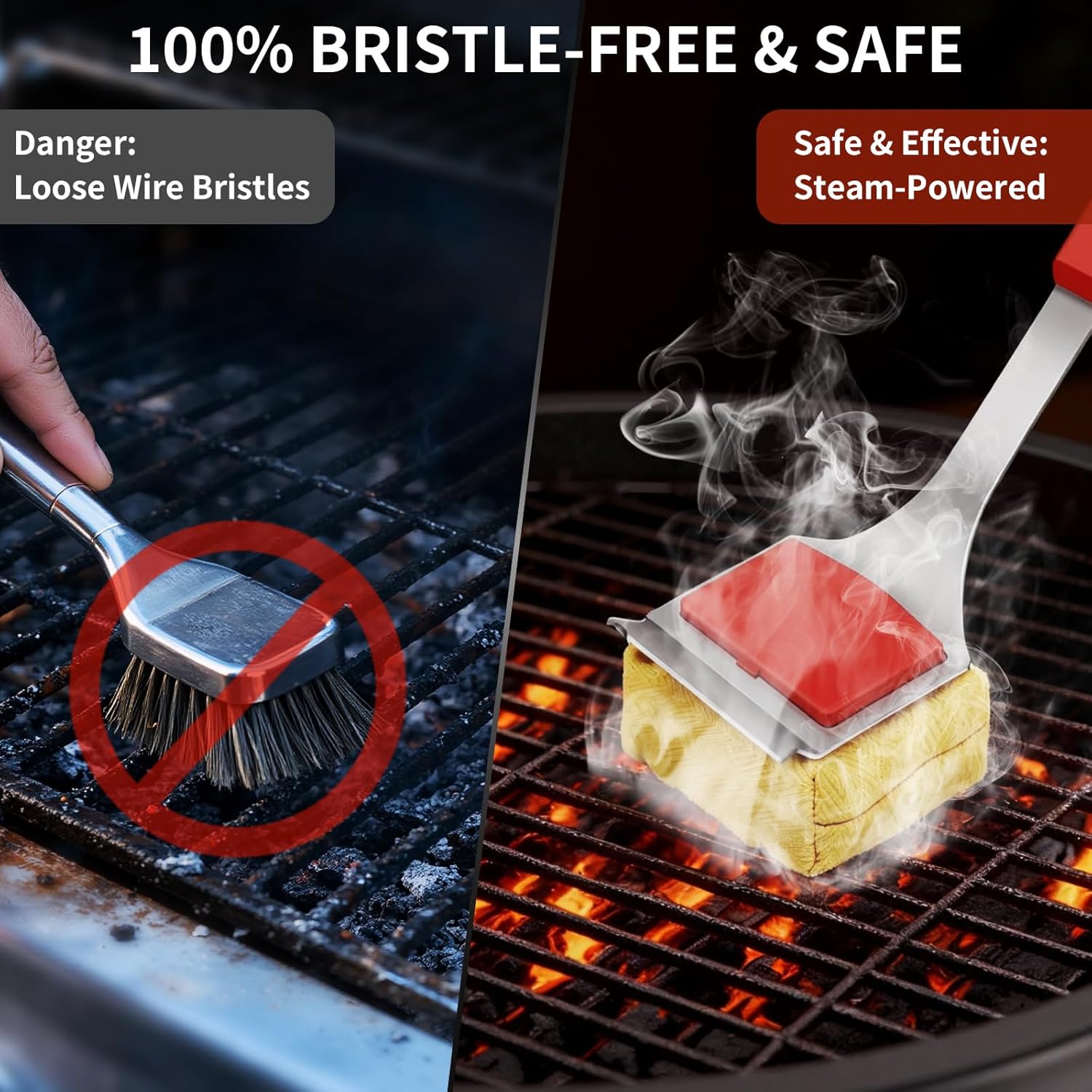 FLYSH Grill Brush Bristle Free, Grill Cleaning Brush with Scraper & Steam, 3-in-1 Set 2 Replaceable Heads for Outdoor Grill, Safe BBQ Grill Cleaner Brush for Cast Iron, Stainless Steel Grates&More