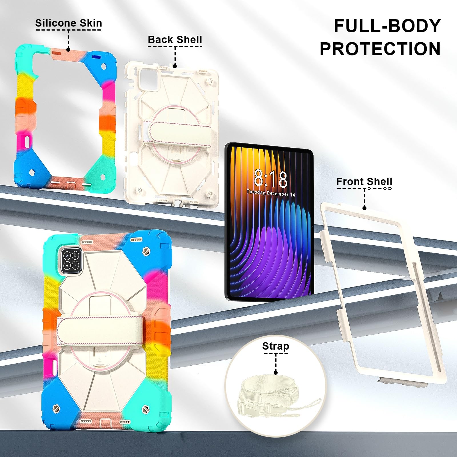 Kompatybilny z Xiaomi Pad7/Xiaomi Pad7 Pro 2024 Wstrząsoodporne etui dla dzieci, [podpórka] [pasek na ramię] Obrotowy o 360 stopni pasek rękę Uchwyt stojaka Wytrzymała, solidna obudowa(Colorful Blue)