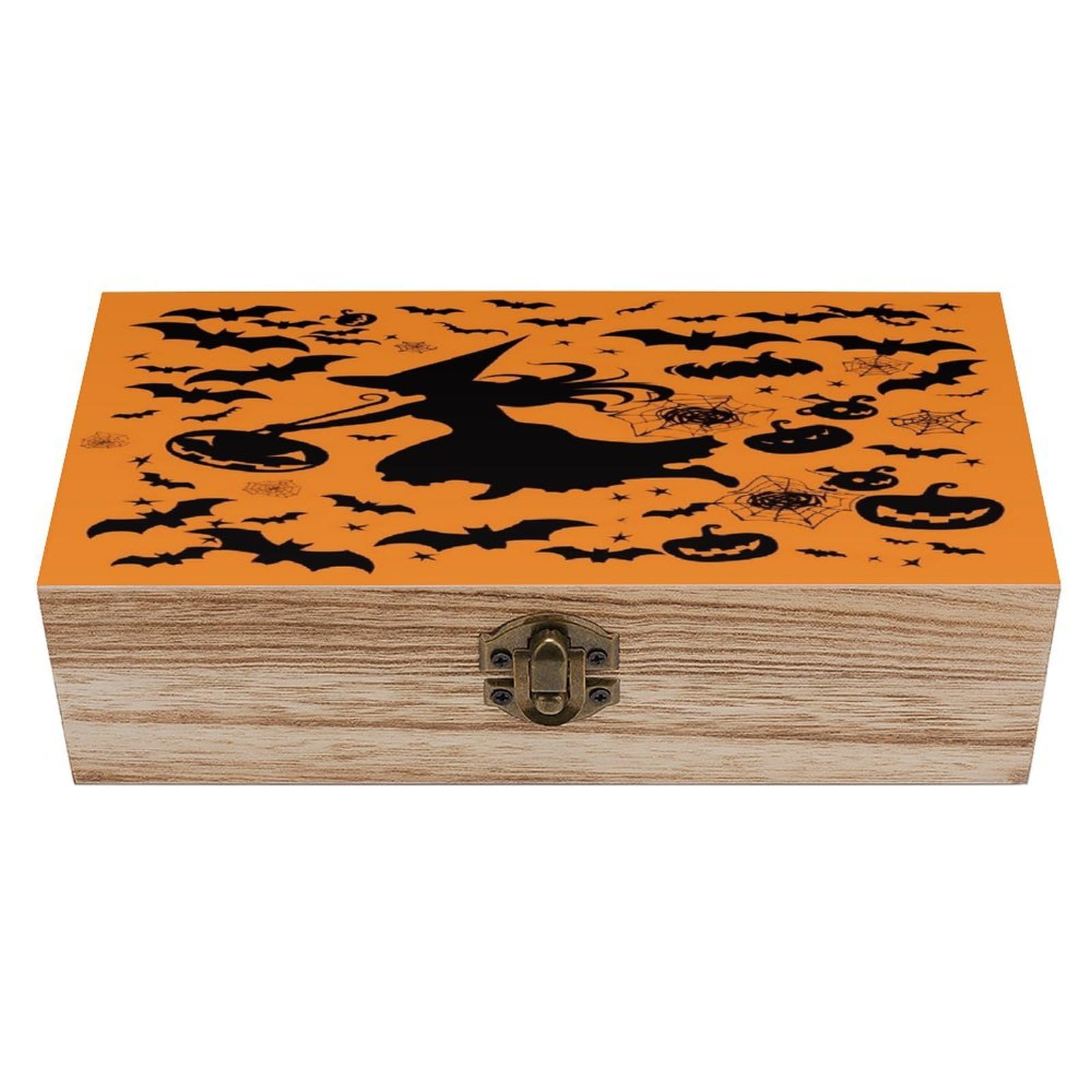 Btcowzrv Style Halloween Witch Flying Wooden Storage Box, Keepsake Box With Hinged And Retro Lock, Wood Jewelry Organizer For Photos & Mementos And Home Decor