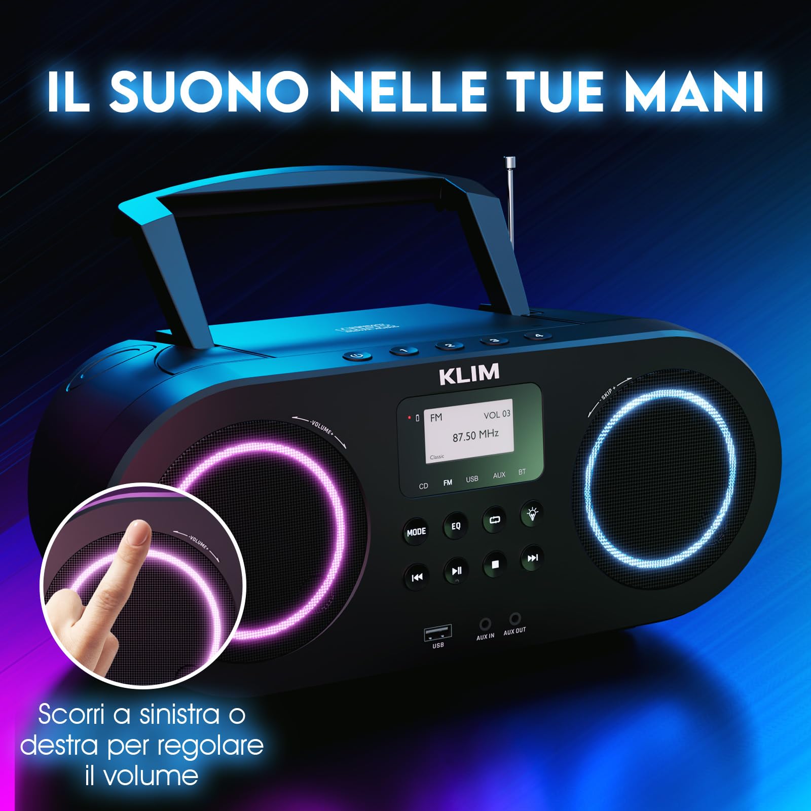 KLIM Lettore CD Stereo Boombox B5 - Radio FM con Lettore CD Bluetooth e USB, AUX, Batteria ricaricabile, Standby automatico, EQ Digitale