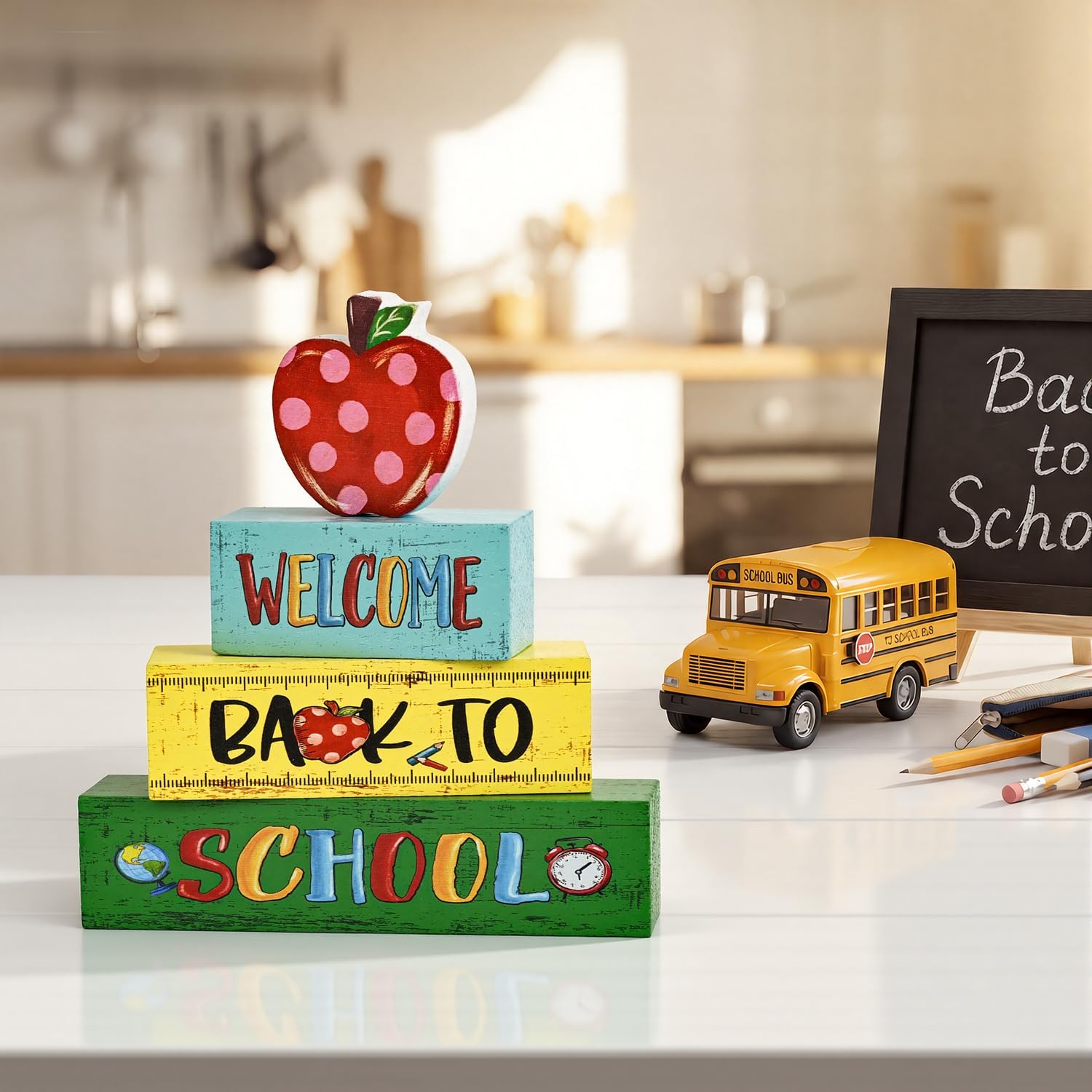 Smile Back to School Wooden Table Decor Apple, Pencil, Back To School Desktop Signs - Classroom & Home Office Tabletop Decorations School Gift for Students, Teachers image 3