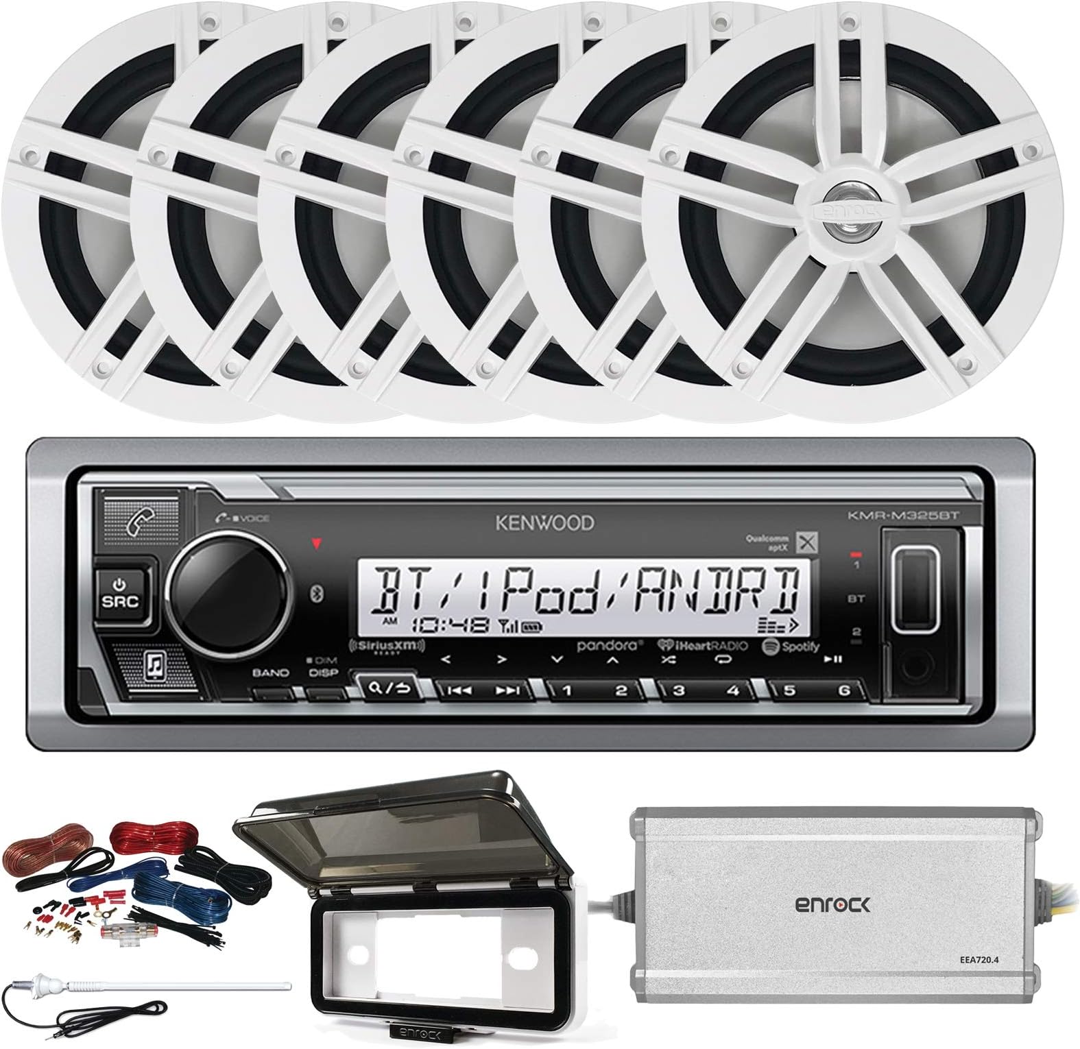 Kenwood KMR-M325BT Digital Media Single-DIN Bluetooth Receiver, 6 x Enrock 6.5" Water-Resistant Speakers (White), Marine/PowerSports 4-Channel Amplifier, Other Accessories