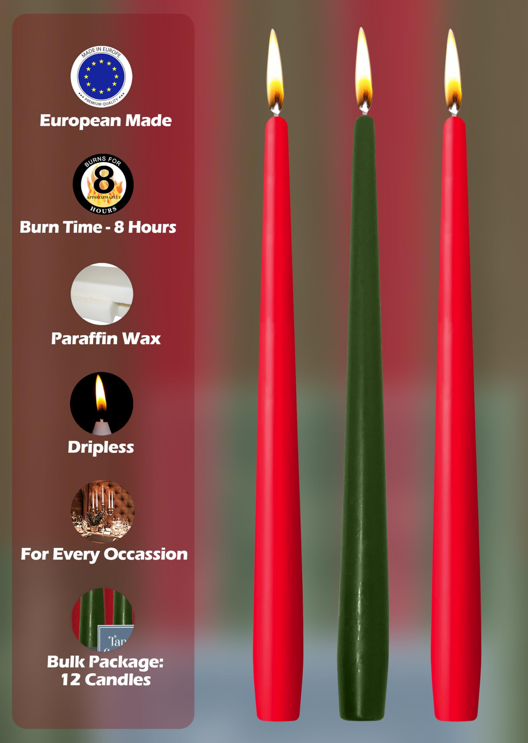 Hyoola Candele Coniche Lunghe 25 Cm, Antigoccia E Senza Profumo, Set Da 12 In Rosso E Verde, Durata 8 Ore, Prodotte In Europa - 3