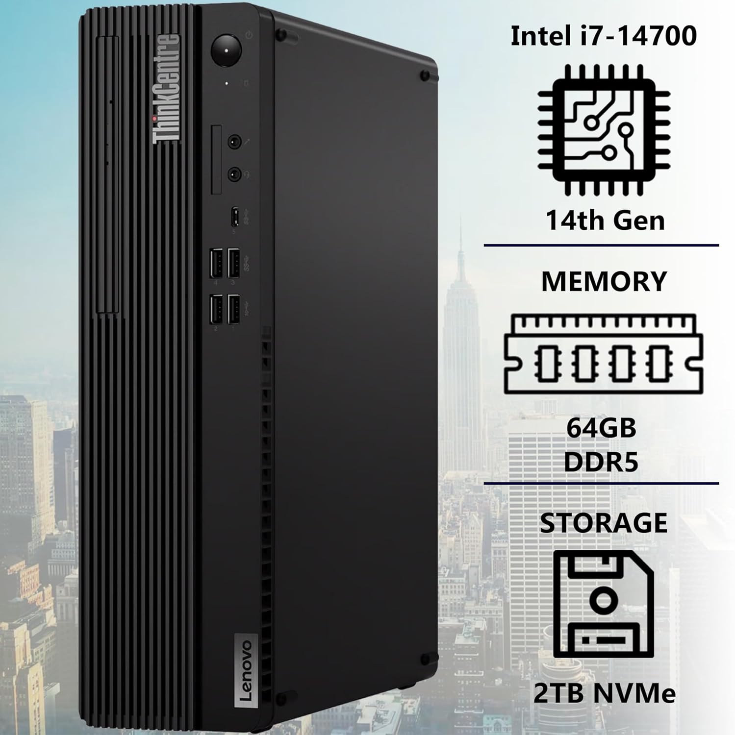 Lenovo ThinkCentre M70s Gen 5 SFF Intel i7-14700, 64GB DDR5 RAM, 2TB SSD, Wi-FI 6E + BT, RJ-45, HDMI, DP, Wired KB & Mouse, Windows 11 Pro, Business Desktop - Black w/OEM USB Drive