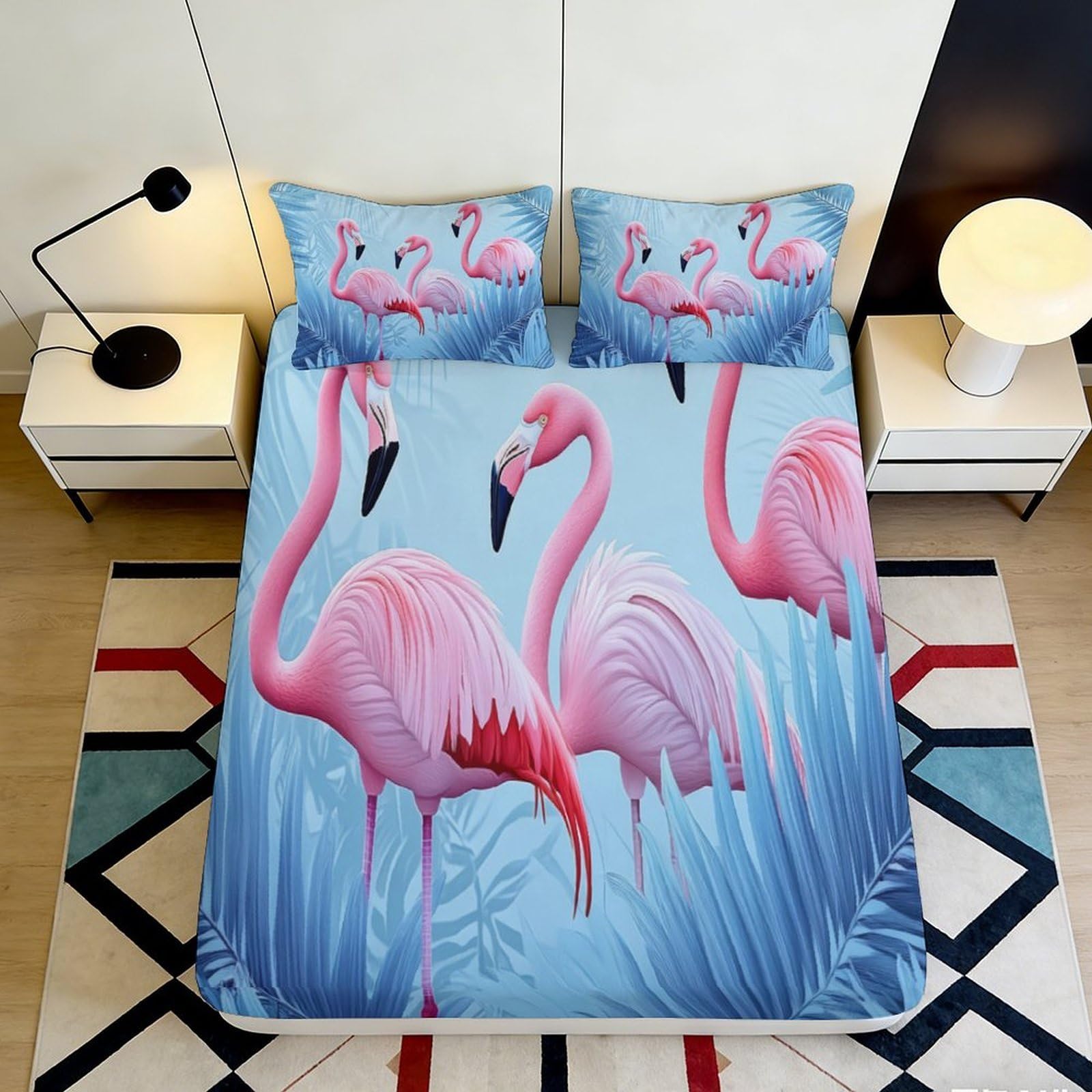 3D Printed Flamingo Tropical Fitted Sheet Microfiber Soft Mattress Cover Blue Pink Bedroom Dorm Protection 120x200x25cm