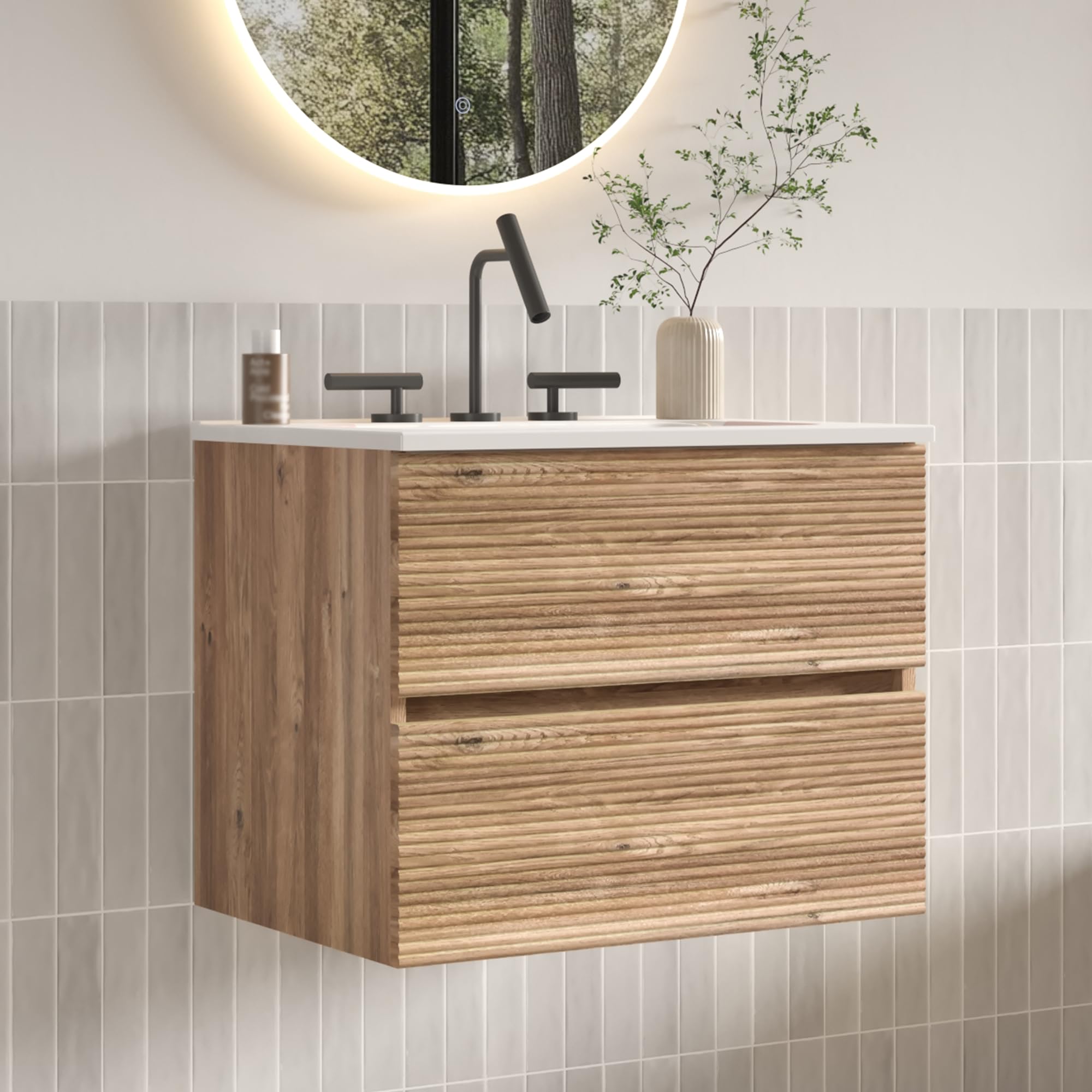 24" Floating Bathroom Vanity with Sink, Modern Wall Mounted Floating Vanity with Ceramic Sink, Double Soft-Close Drawers for Small Space, Apartment, Rough Oak (Only Vanity) (No Top)