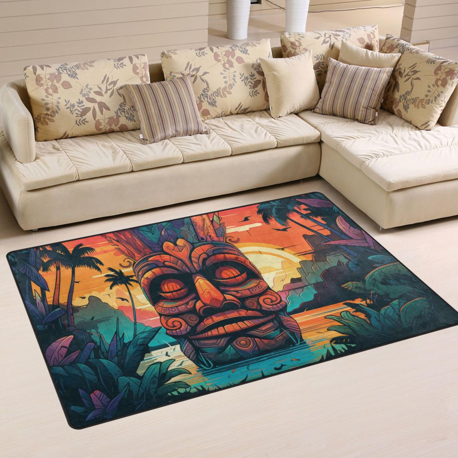 Vnurnrn Area Rug - Tiki Statue Cartoon, Soft Washable Indoor/Outdoor Floor Carpet Rugs, Home Decorative Living Dinning Room Bedroom Kitchen 60×39 inch