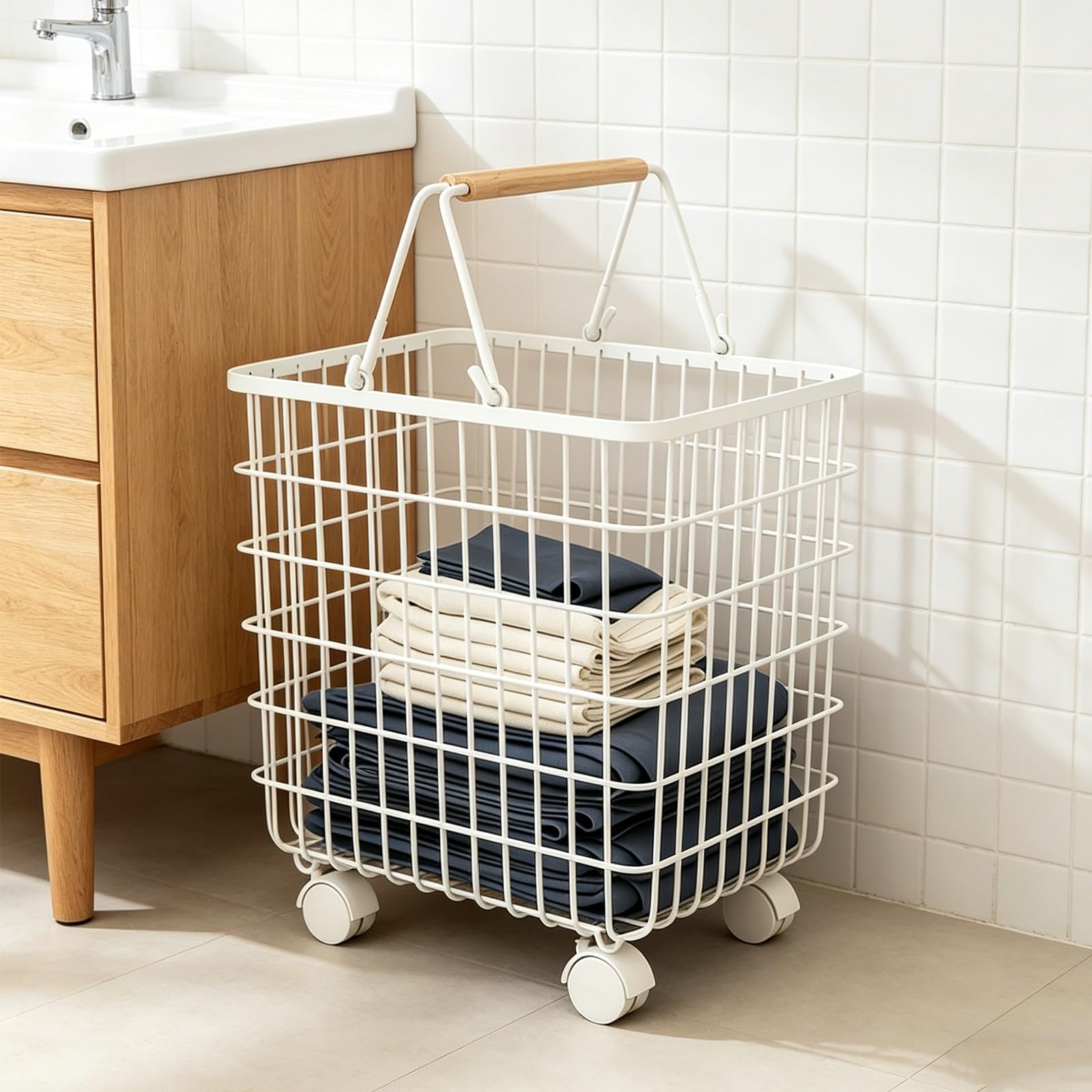 Folding Laundry Basket Household Storage Rolling Cart,Metal Hamper with Wheels Handle,Multifunctional Clothes Hamper Organizer
