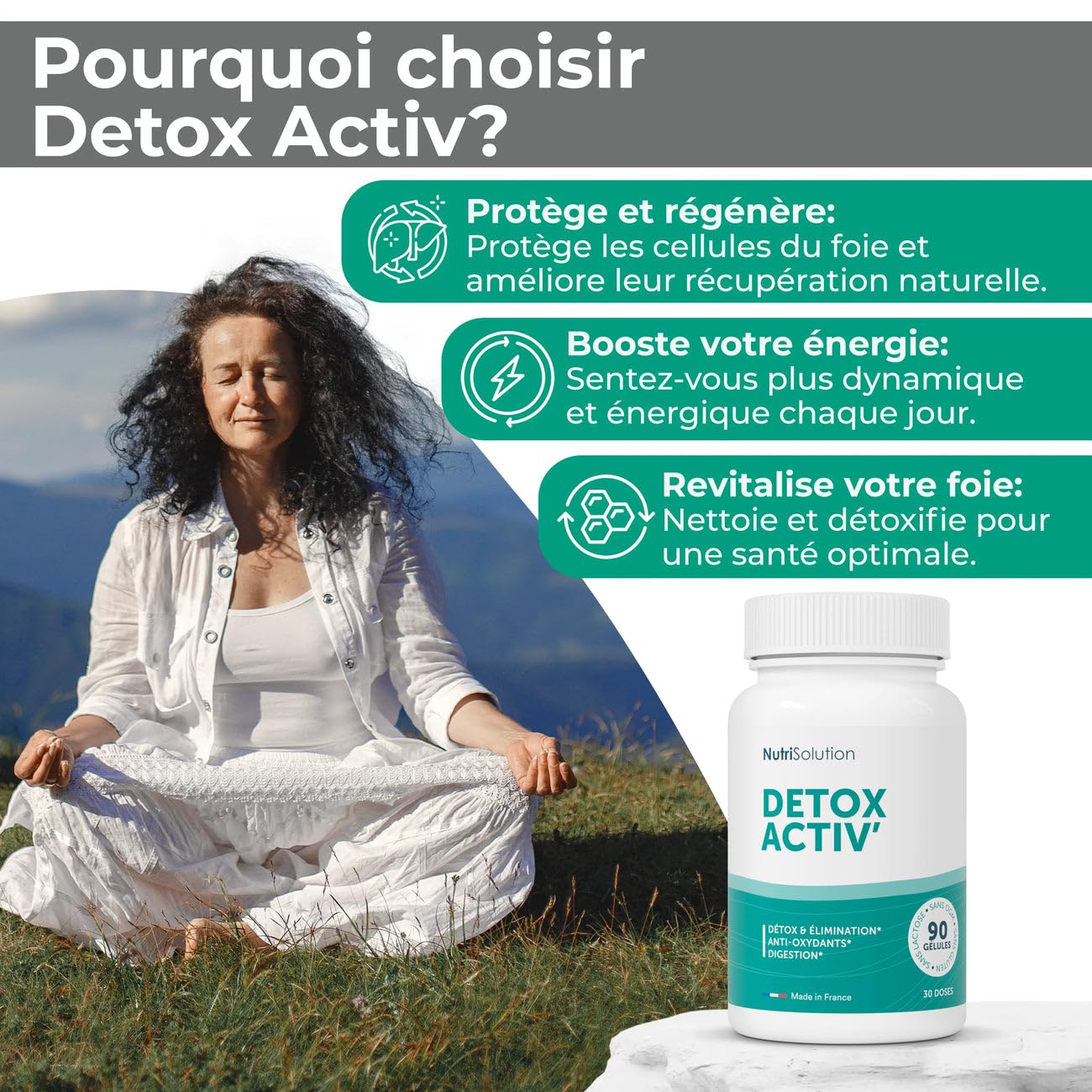 Nutrisolution I Détox Activ’ I 90 Gélules I Complément Alimentaire Détoxifiant I Chardon Marie Détoxification du Foie I Cure Detox Puissante et Rapide I Elimination Toxines I Fabriqué en France