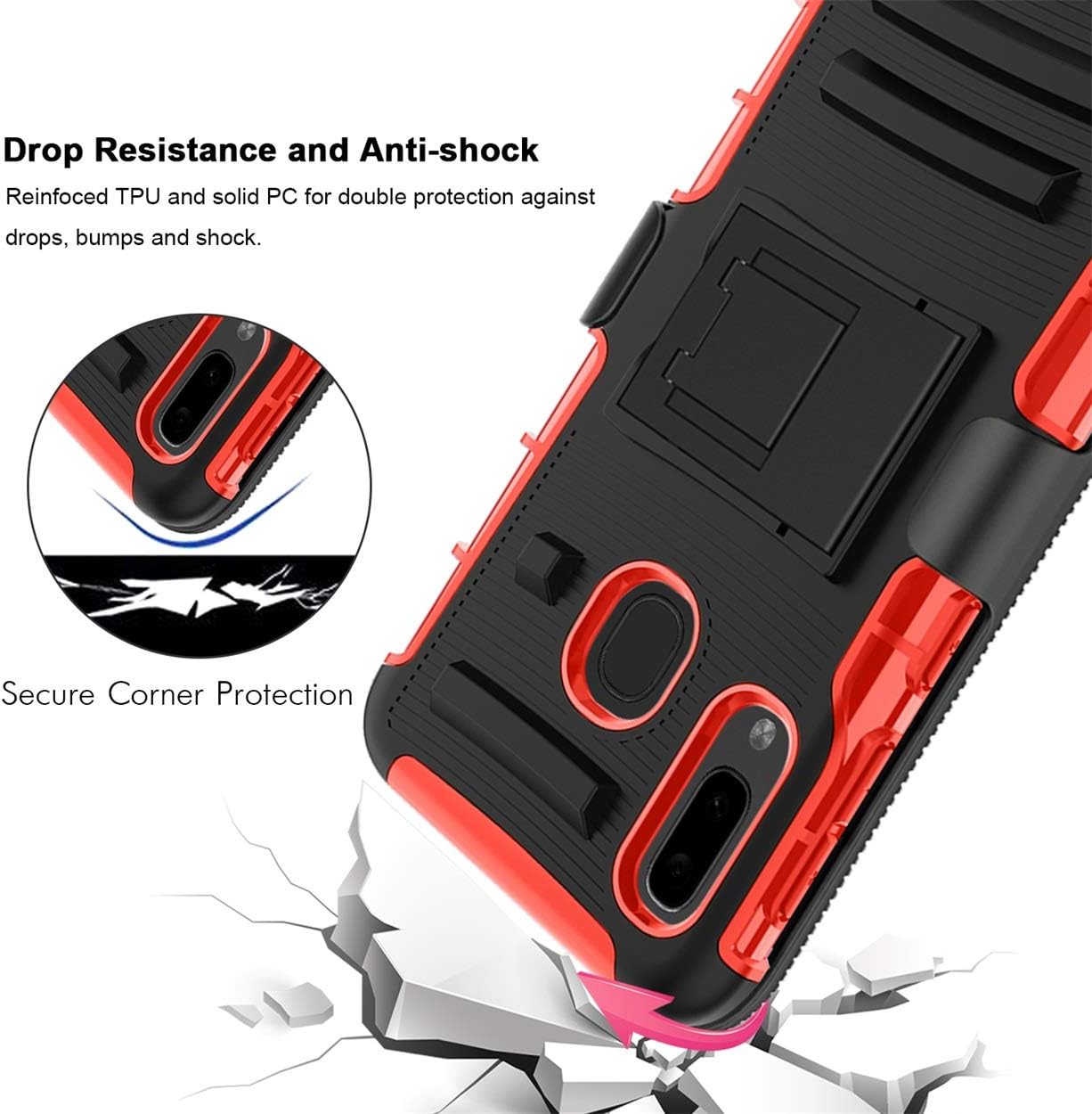 Aetech Phone Case for Samsung Galaxy A10e Case with 2 PCS Tempered Glass Screen Protector Belt Clip Kickstand Heavy Duty Durable for Women Men Girls Boys (Red)