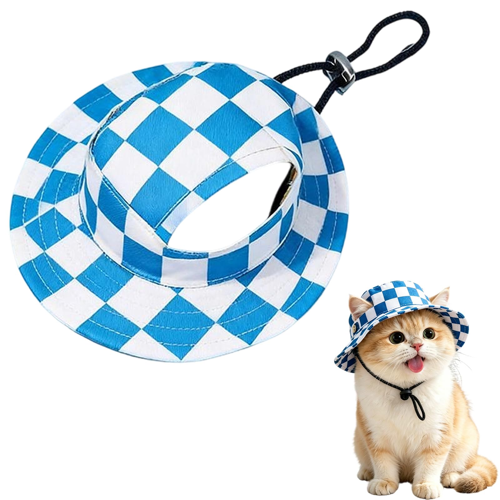 Dog Sun Hat,1PC Adjustable Princess Dog Bucket Hat with Ear Holes,Round Brim Dogs Visor Cap Pet Fisherman Hats for Pupies Small Dogs Cat Outdoor Sport (Square Blue, S)