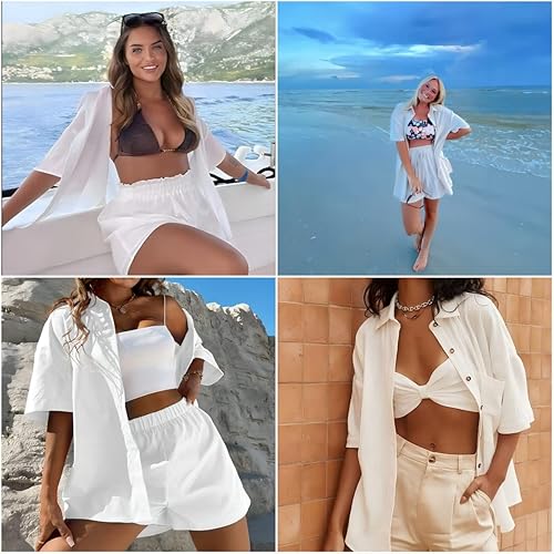 Miniatura 6 de HOTOUCH Camisas de lino para mujer, camisa de algodón de manga corta con cuello holgado, blusa casual con hombros caídos