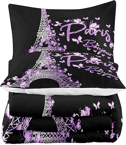 Miniatura 4 de LUVIVIHOME Juego de edredón de París de 2 piezas, tamaño individual, edredón de mariposa morada, juegos de ropa de cama de la Torre Eiffel,