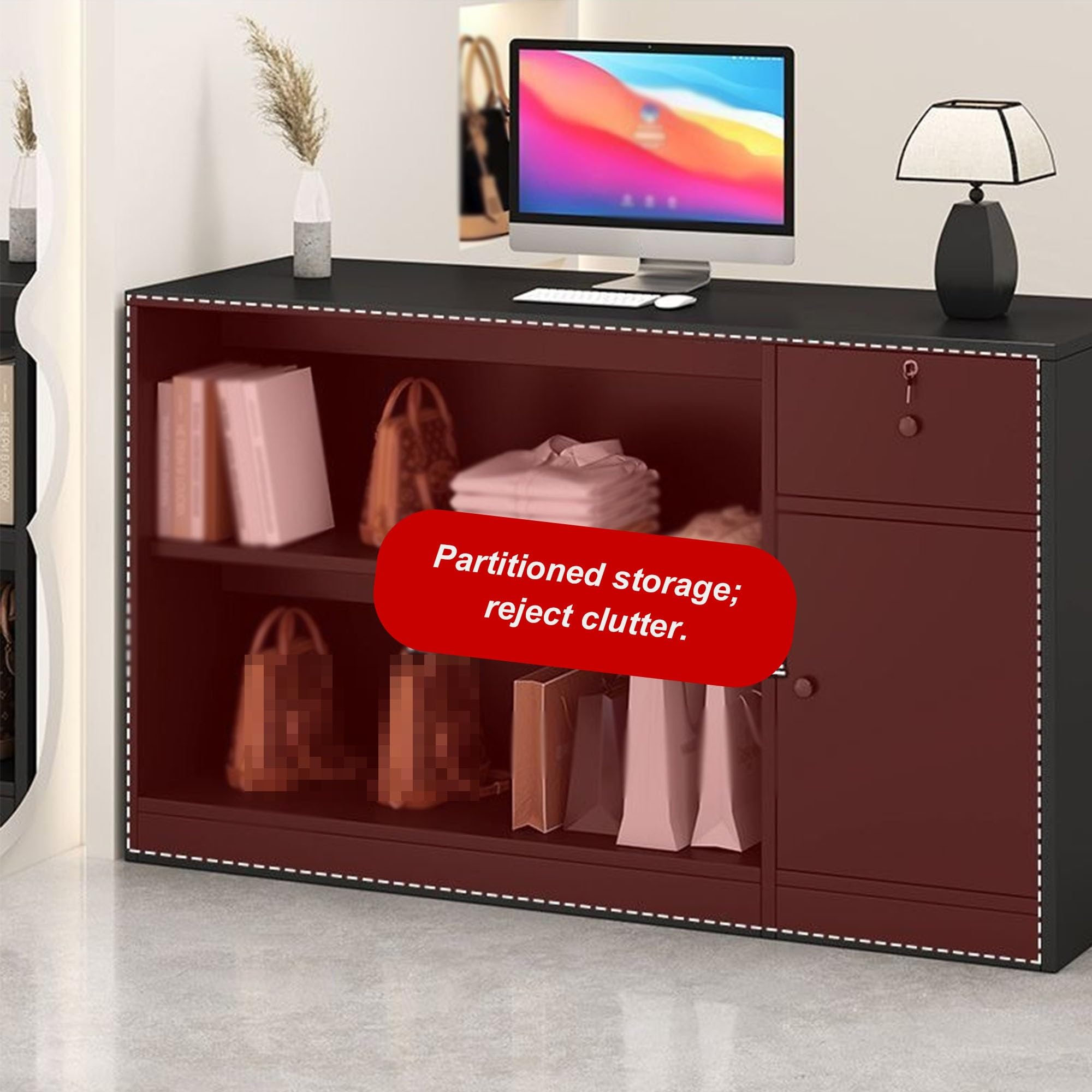Mostrador Recepción con Almacenaje, Cajón con Llave, Negro Mate(B,100cm)