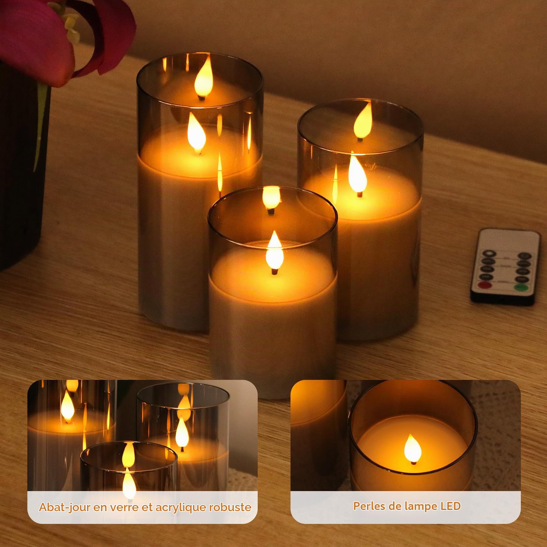 Forever Speed Lot de 6 Verre Gris Bougies LED Rechargeable avec Télécommande, Bougies Sans Flamme Graduable avec Câble de Charge pour Décoration de la Maison, Camping, Mariages, Cadeaux