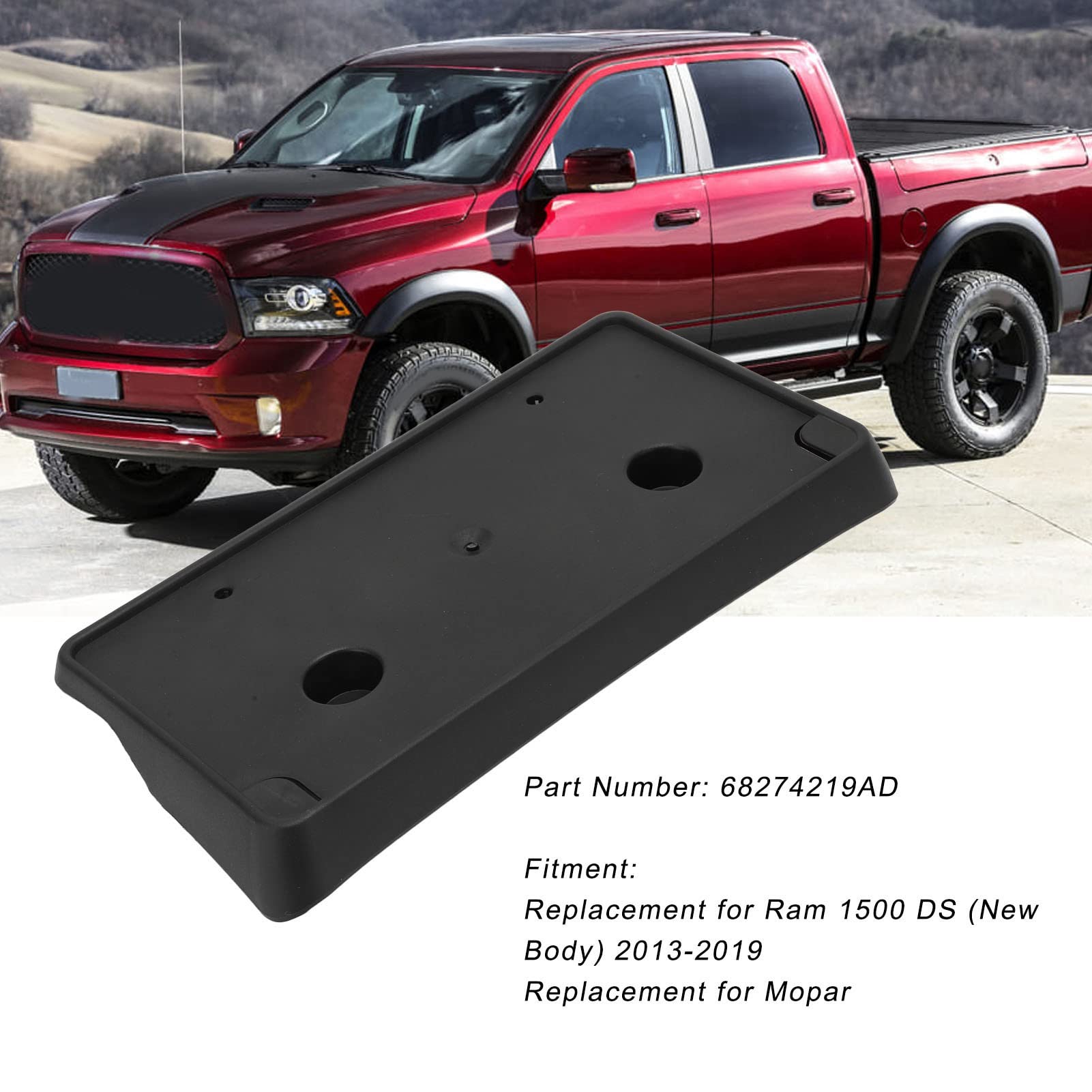 License Plate Bracket For RAM 1500 DS (New Body) 2013-2019 - Black ABS Holder, OEM 68274219AD Replacement