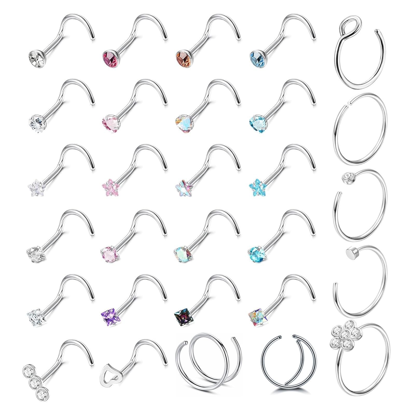 DGUSO 20G Anillos Nariz de Acero Inoxidable, 29 Piezas Piercing Nariz Aro Plata En Forma de L, Pendientes de Plata para Nariz Anillos Juego de Aros L, Joyas Tornillo Nariz Acero Inoxidable