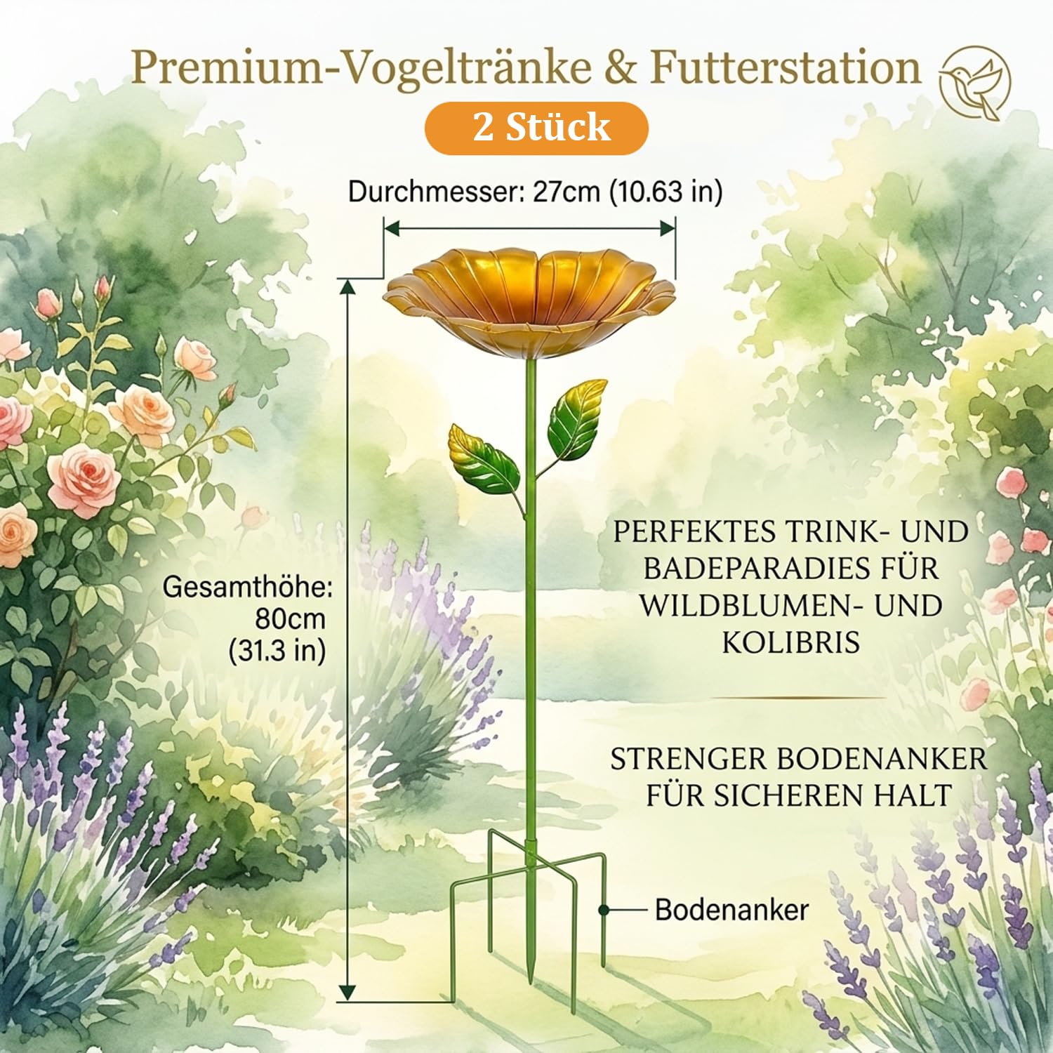Vogeltränke für den Garten, 2er Set Metall Vogelbad Blume, 27cm Ø Großes Vogelbecken, Frostfest & Wetterfest, Stehende Wassertränke für Wildvögel, Dekorative Blumen Vogeltränke für Garten Hinterhof