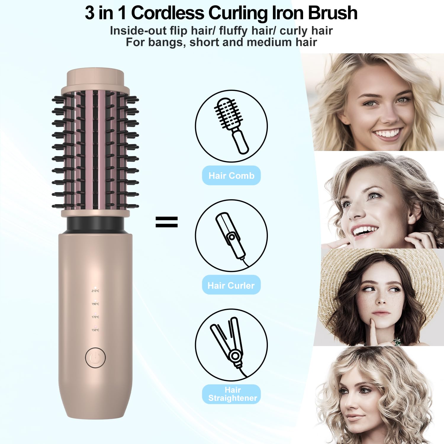 Brosse Chauffante Sans Fil 3 en 1, Brosse Thermique Portable, Brosse Cheveux Bouclés avec 4 Températures, Boucleur a Cheveux pour Créer des Boucles Naturelles, Dorés