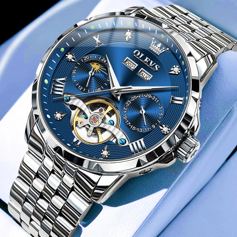 OLEVS Herrenuhren, mechanisch, automatisch, selbstaufziehend, luxuriös, Business-Kleid, Edelstahl, Tourbillon, Jahr/Monat/Tag, Mondphase, wasserdichte Uhren für Herren (blau/schwarz)
