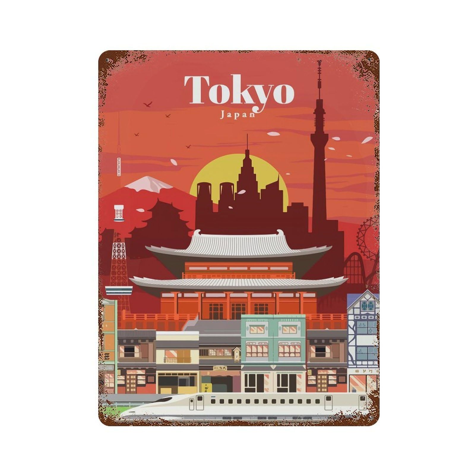 Rust Effect Tin Sign Travel to Tokyo 15.7"x11.8", Vintage Wall Decor for Basement, Hobby Room And Garage Decor