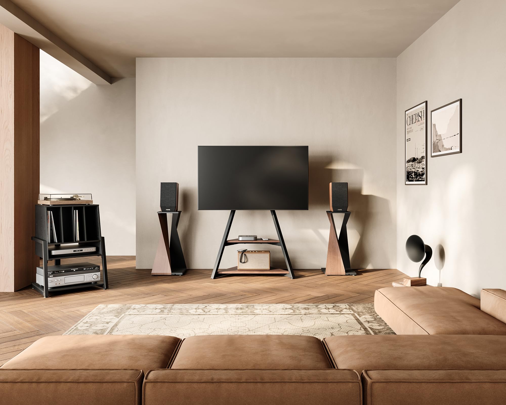 FITUEYES Mueble Tocadiscos, Mueble HiFi de Madera y Metal, Almacenamiento para 120 Discos, para Sistemas Compactos, para Salones y Salas de Música