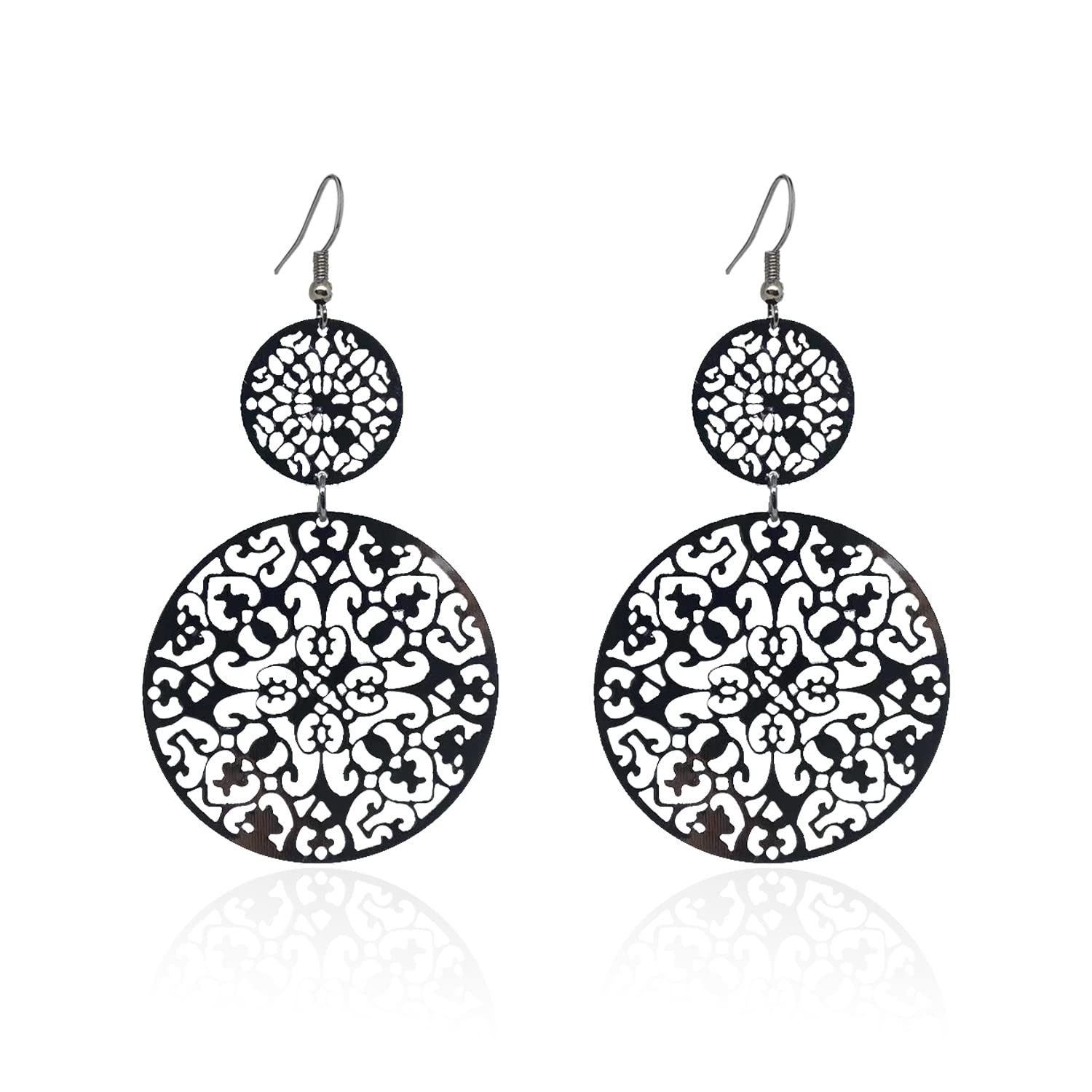 KaFu Delicate Filigree Disc Drop Earrings Double Round Statement Earrings Bohemia Metallic Dangle Hook Earrings for Women Girls