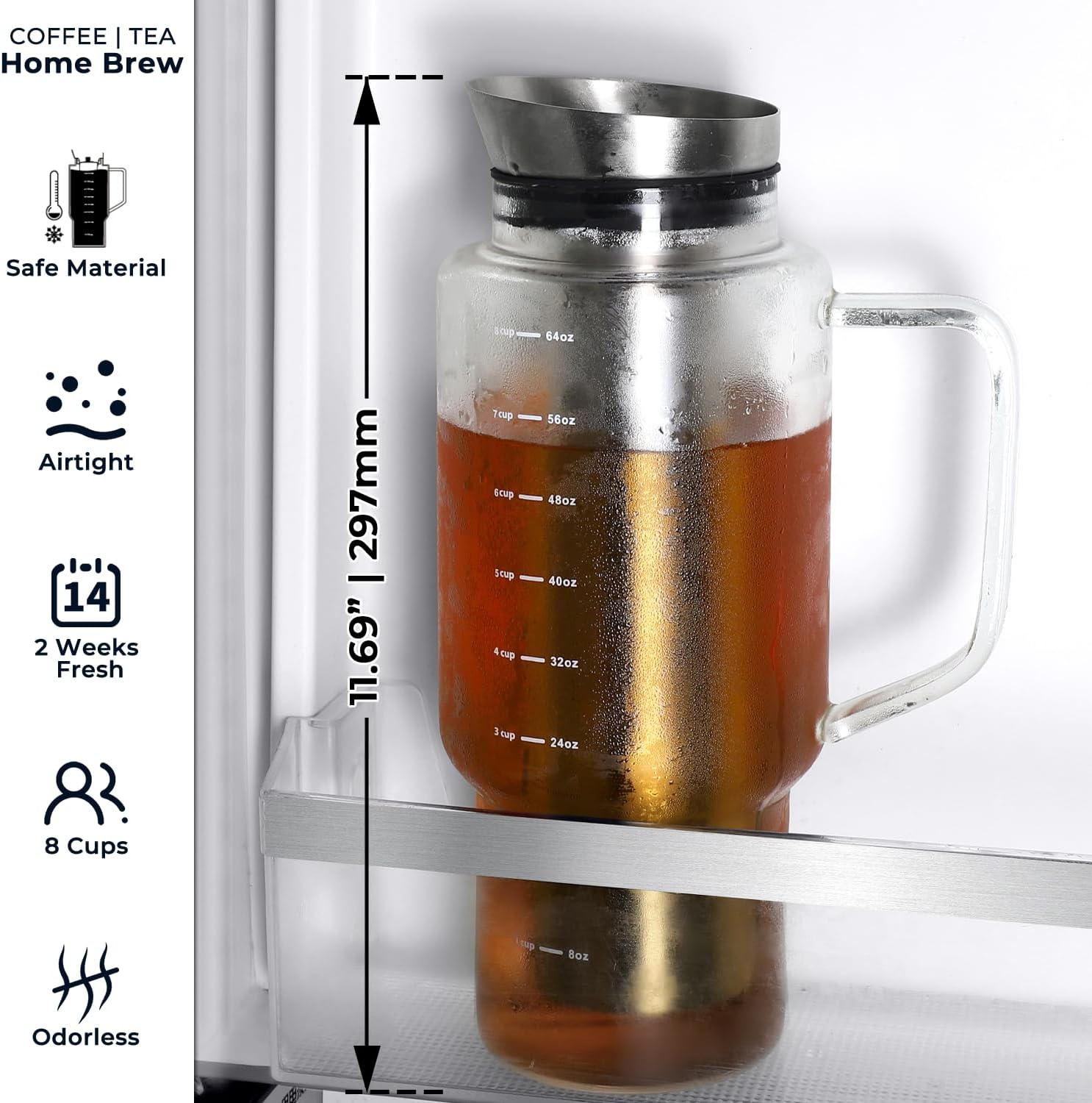 Aquach 68oz Cold Brew Coffee Tea Maker, Glass Pitcher & Stainless Steel Filter, Dishwasher Safe Iced Coffee Tea Maker with Airtight Lid and Large Handle - Image 3